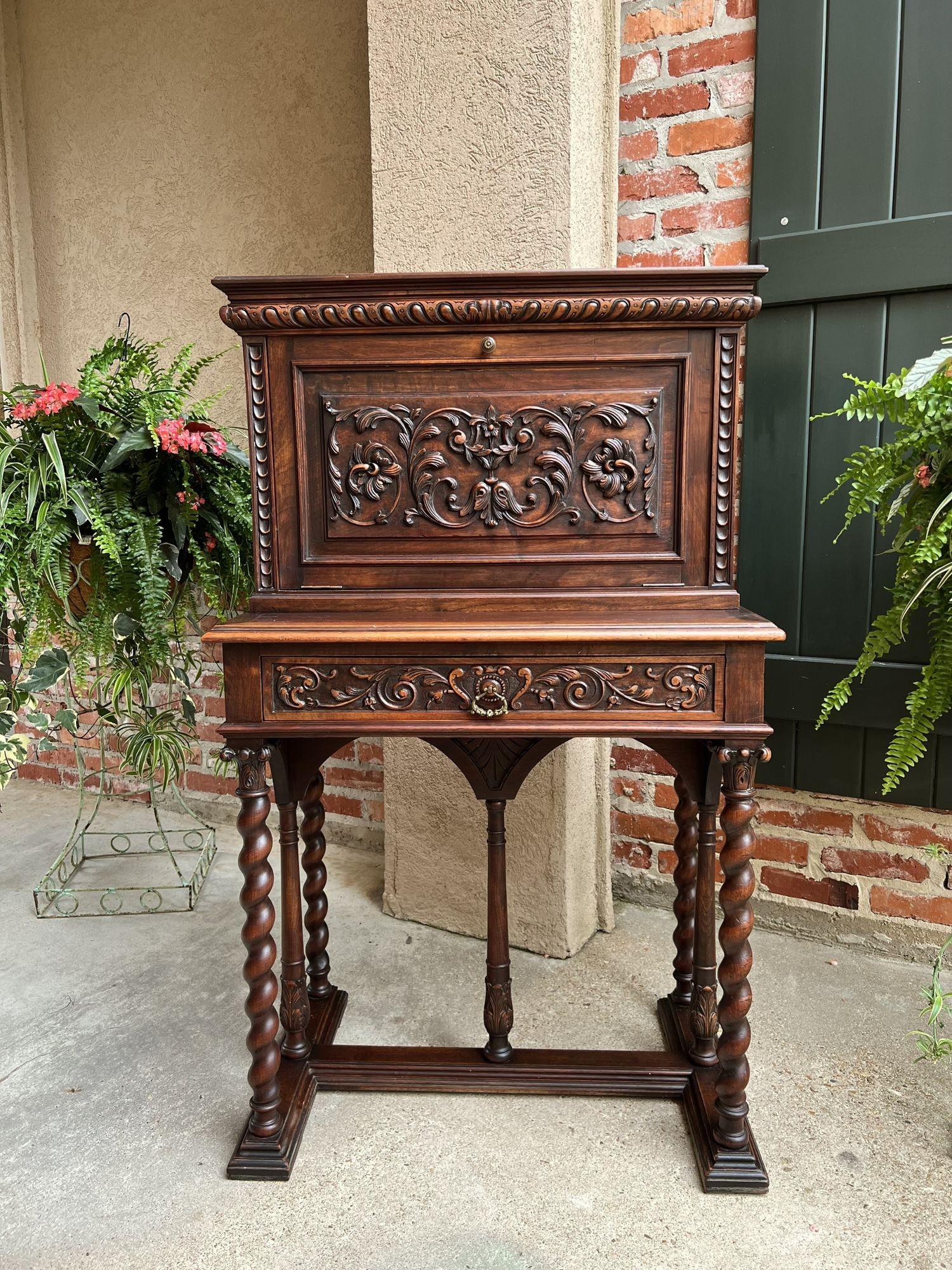 19th century French Carved Secretary Petite Writing Desk Barley Twist Louis XIII.
 
Direct from France, a beautifully appointed petite drop front walnut secretary/writing desk!
With its outstanding profile, this piece is an excellent choice for