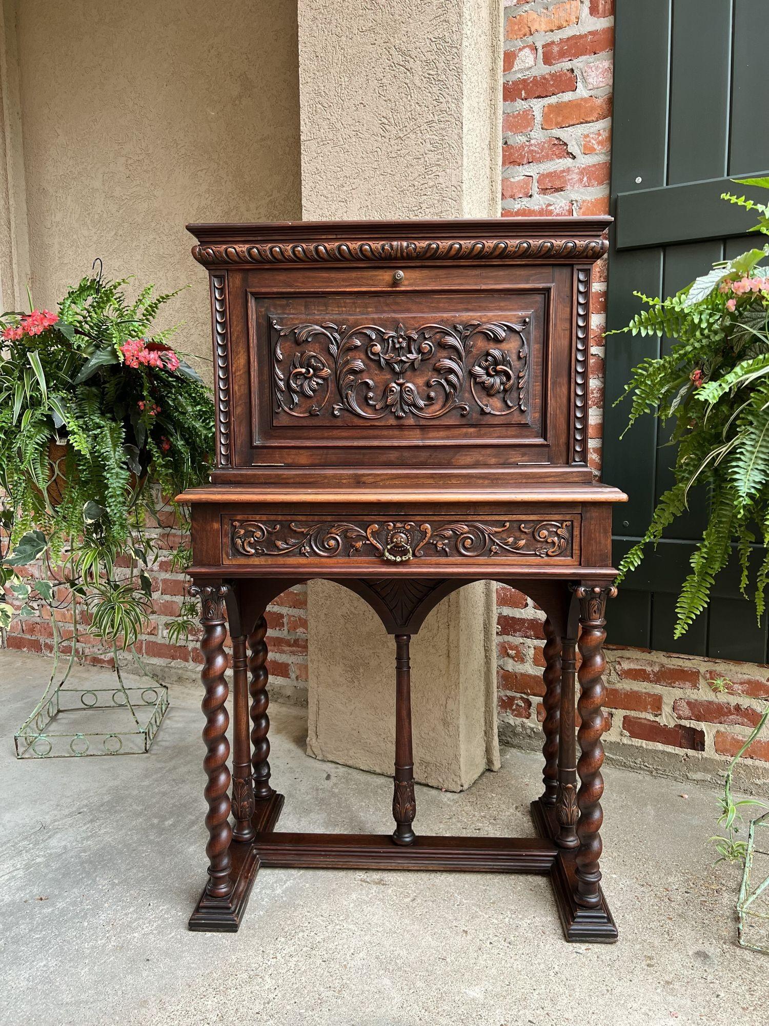 Louis XIII Antique French Carved Secretary Petite Desk Barley Twist Walnut Bookcase  For Sale