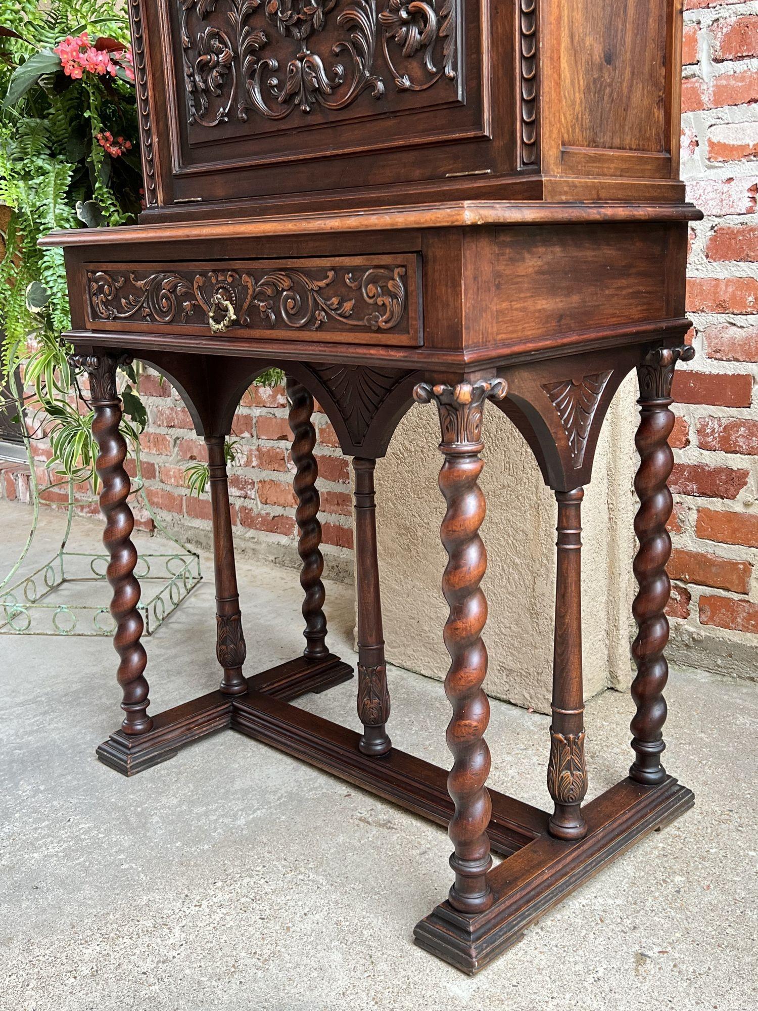 Hand-Carved Antique French Carved Secretary Petite Desk Barley Twist Walnut Bookcase  For Sale