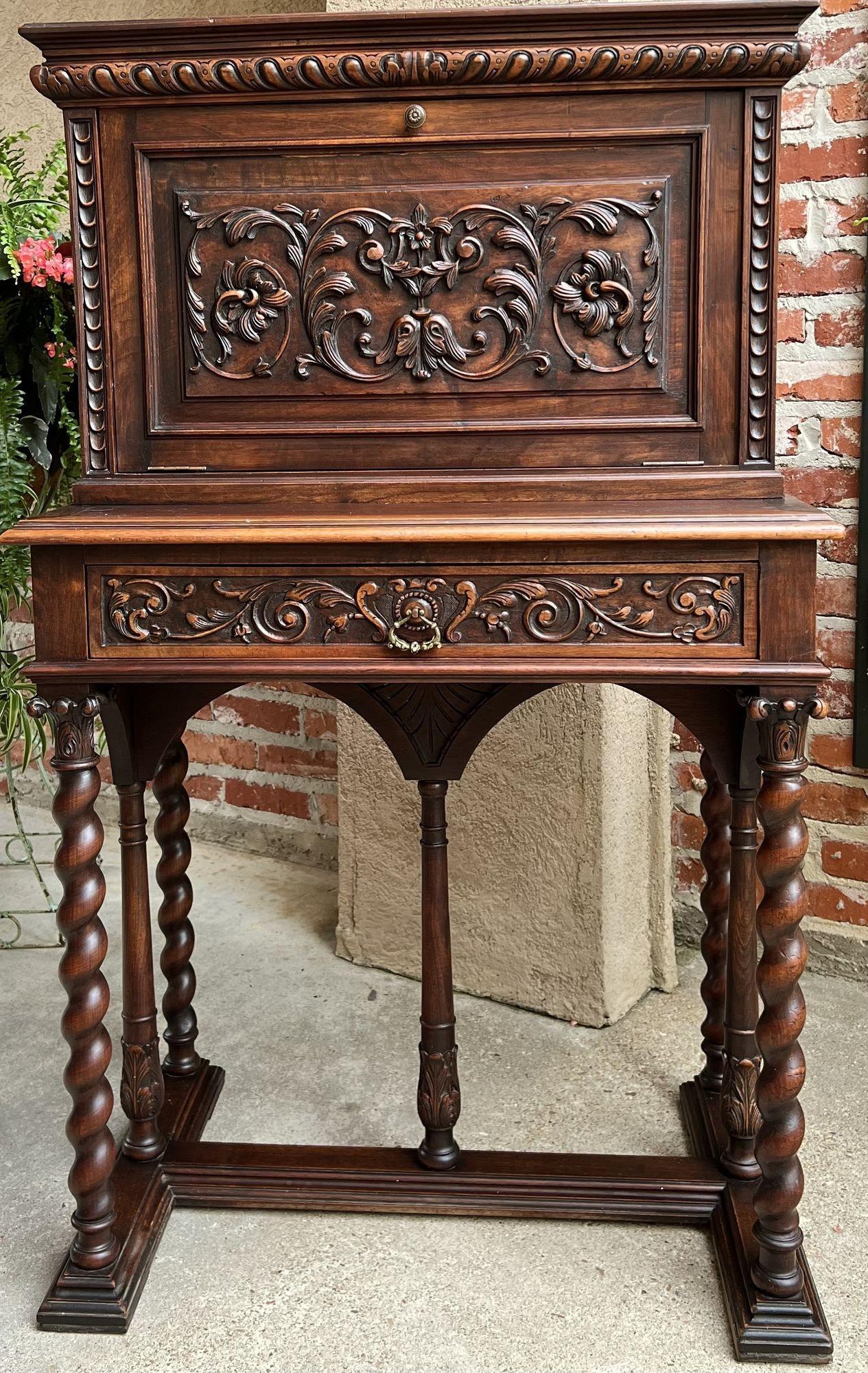 Late 19th Century Antique French Carved Secretary Petite Desk Barley Twist Walnut Bookcase  For Sale