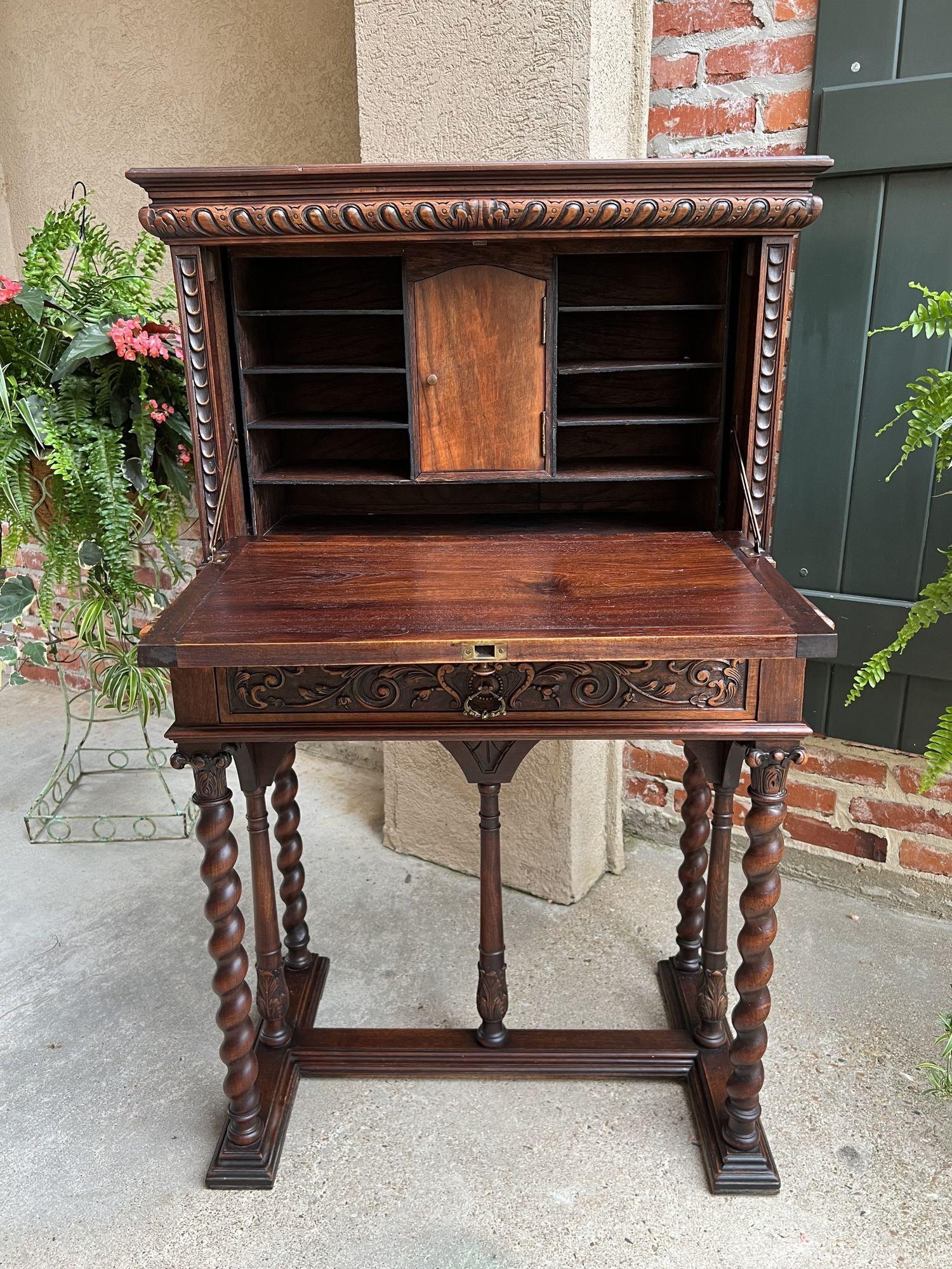 Antique French Carved Secretary Petite Desk Barley Twist Walnut Bookcase  For Sale 1