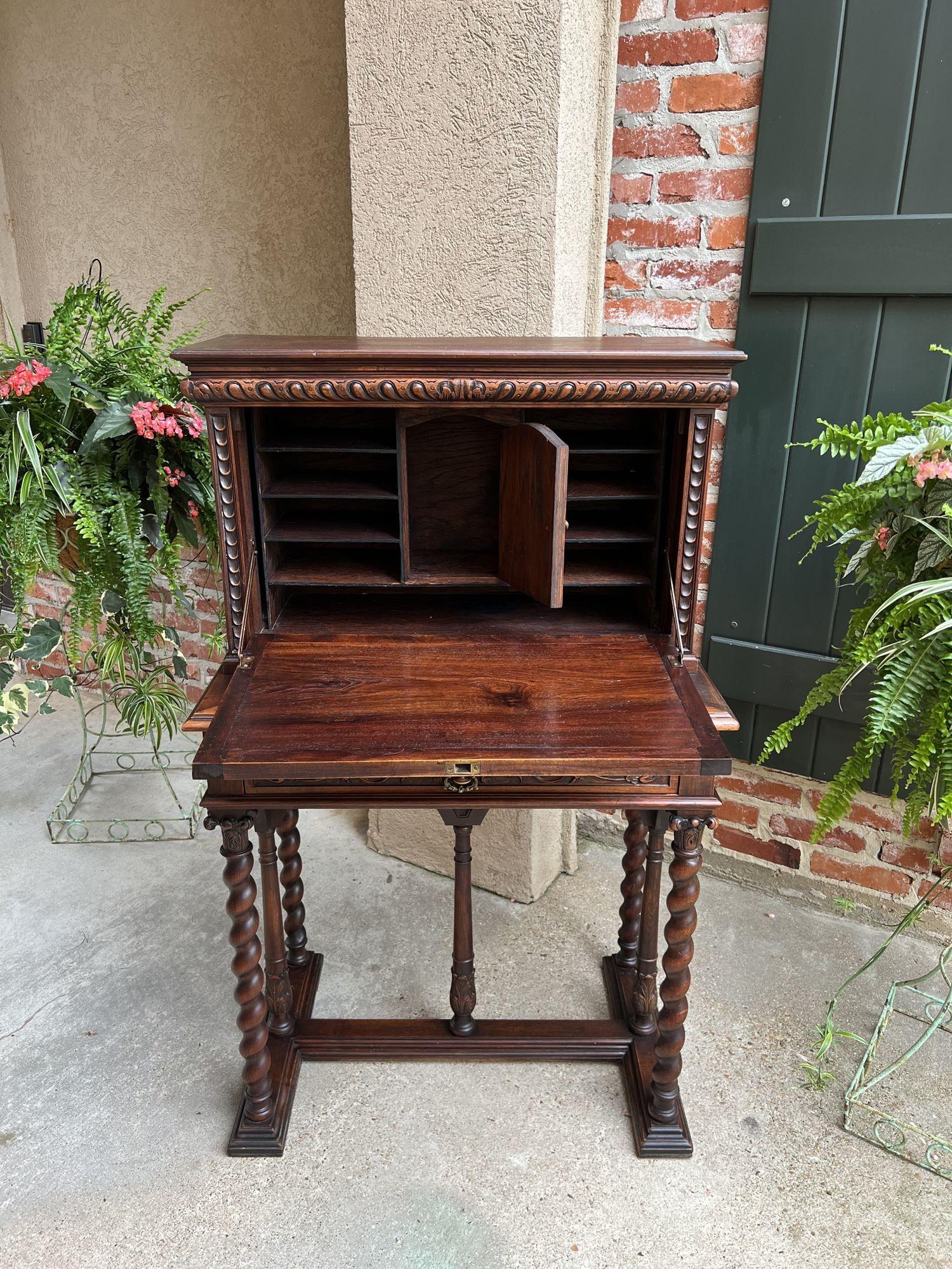 Antique French Carved Secretary Petite Desk Barley Twist Walnut Bookcase  For Sale 2