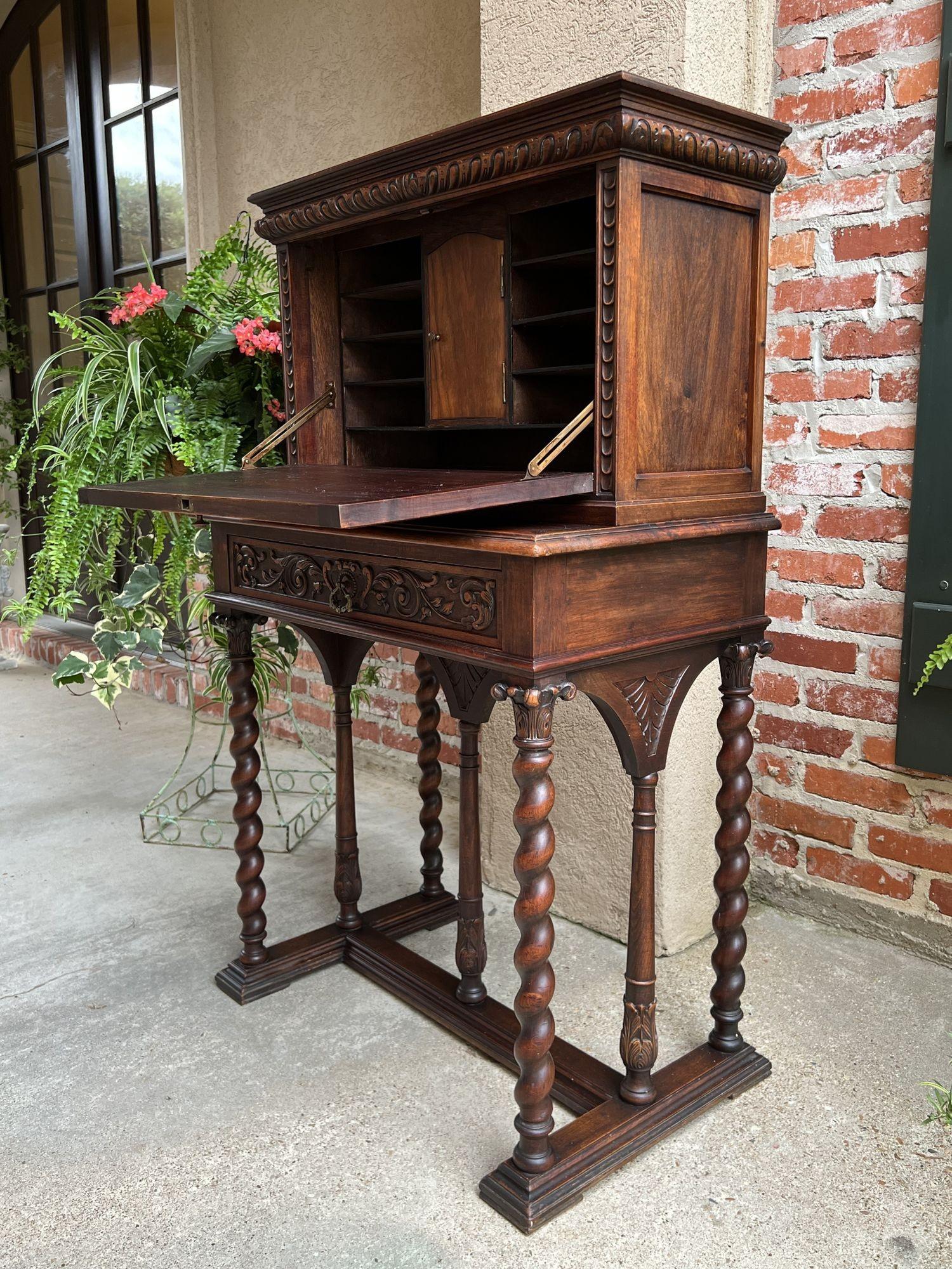 Antique French Carved Secretary Petite Desk Barley Twist Walnut Bookcase  For Sale 3
