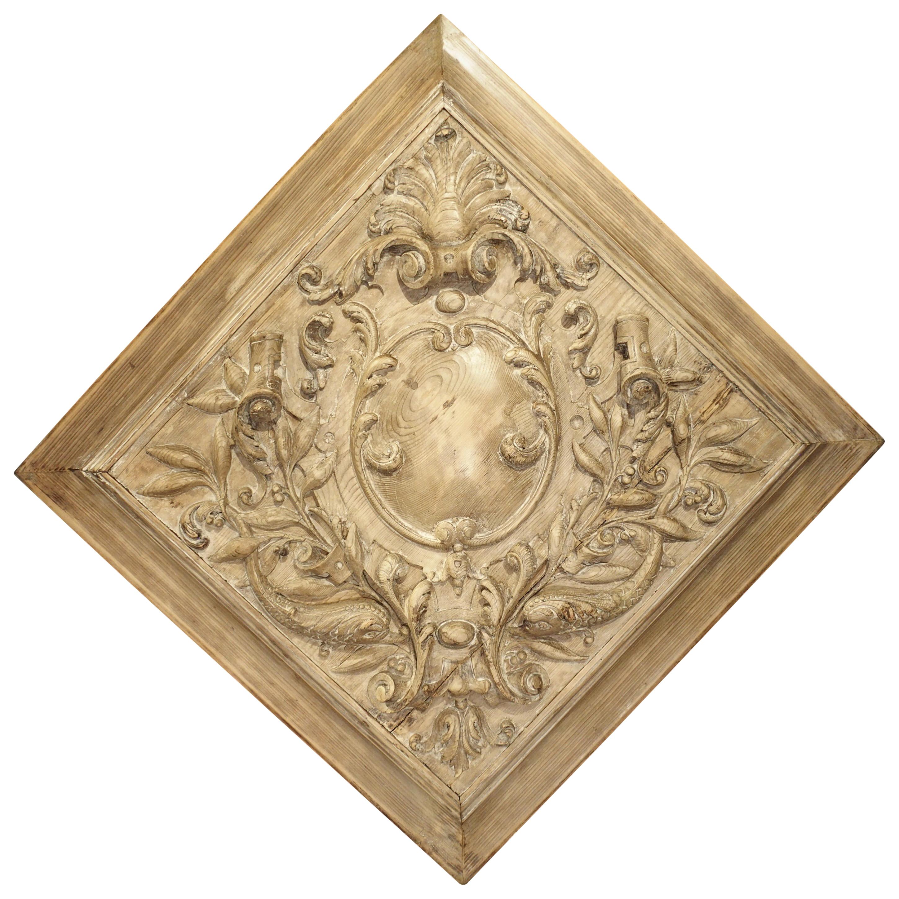 19th Century French Carved Square Panel with Dolphins, Foliage and Centre Crest