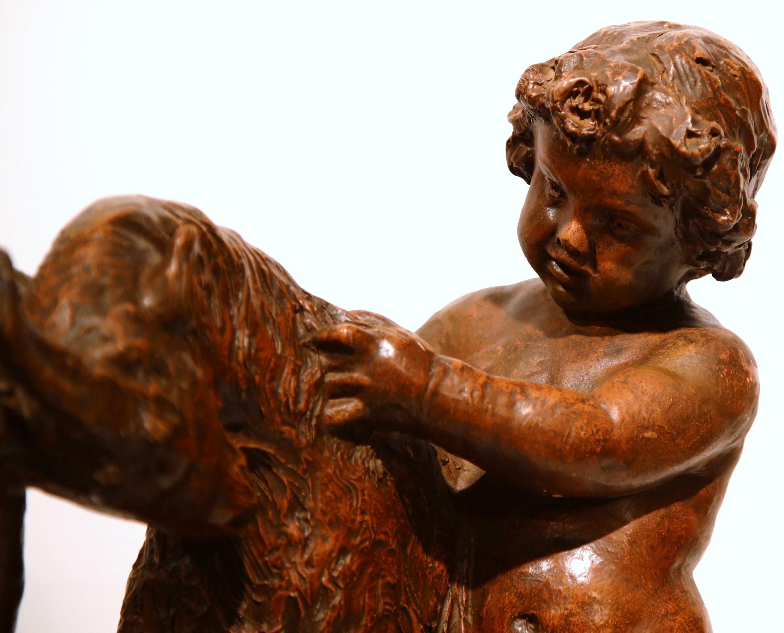 Earthenware 19th Century French Carved Terracotta Putti Sculpture Signed P. De Leonardi For Sale
