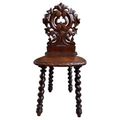 Antique 19th Century French Carved Tiger Oak Black Forest Hunt Accent Chair Barley Twist