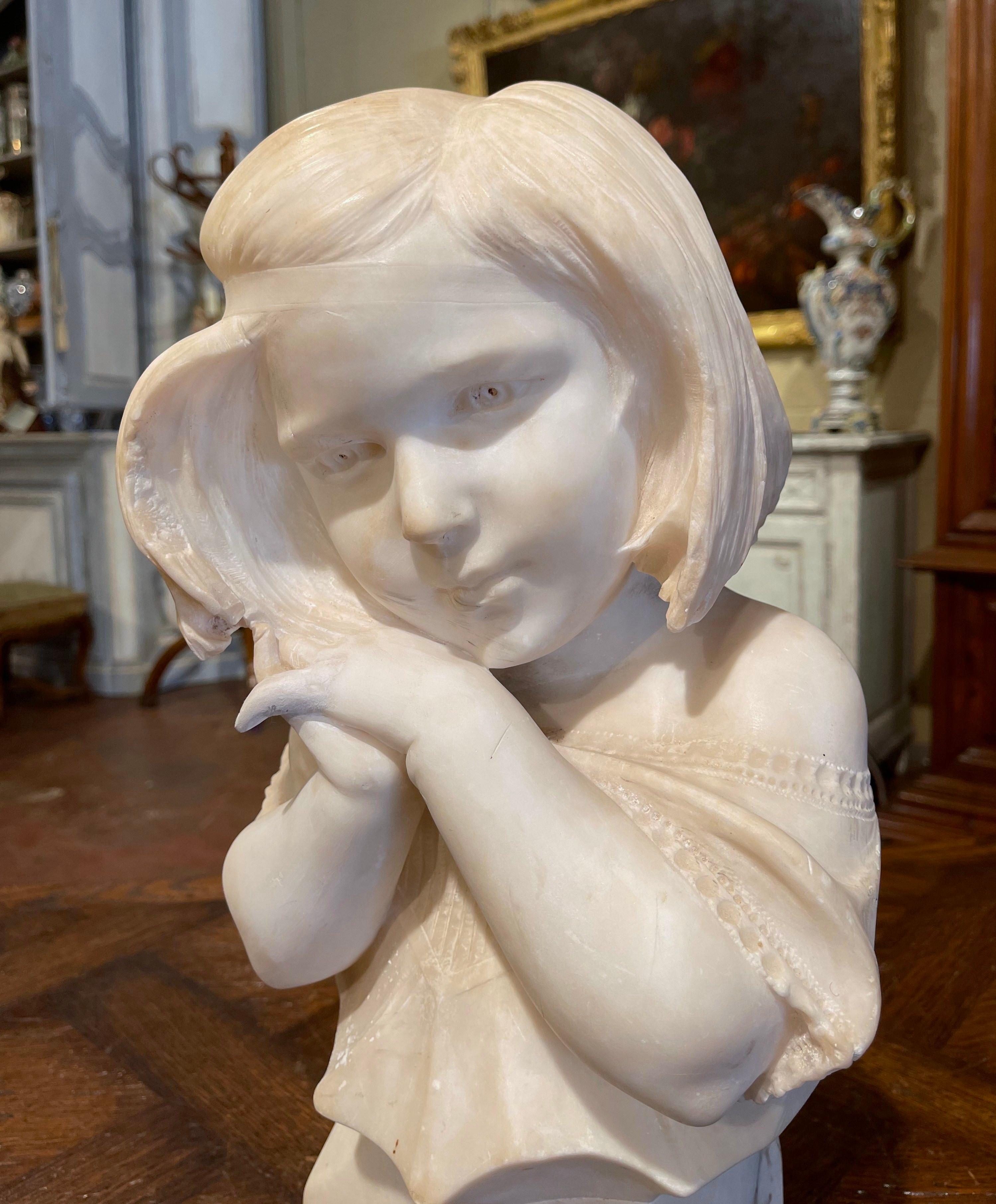 Patinated 19th Century French Carved Two-Tone White Marble Bust of Young Beauty For Sale