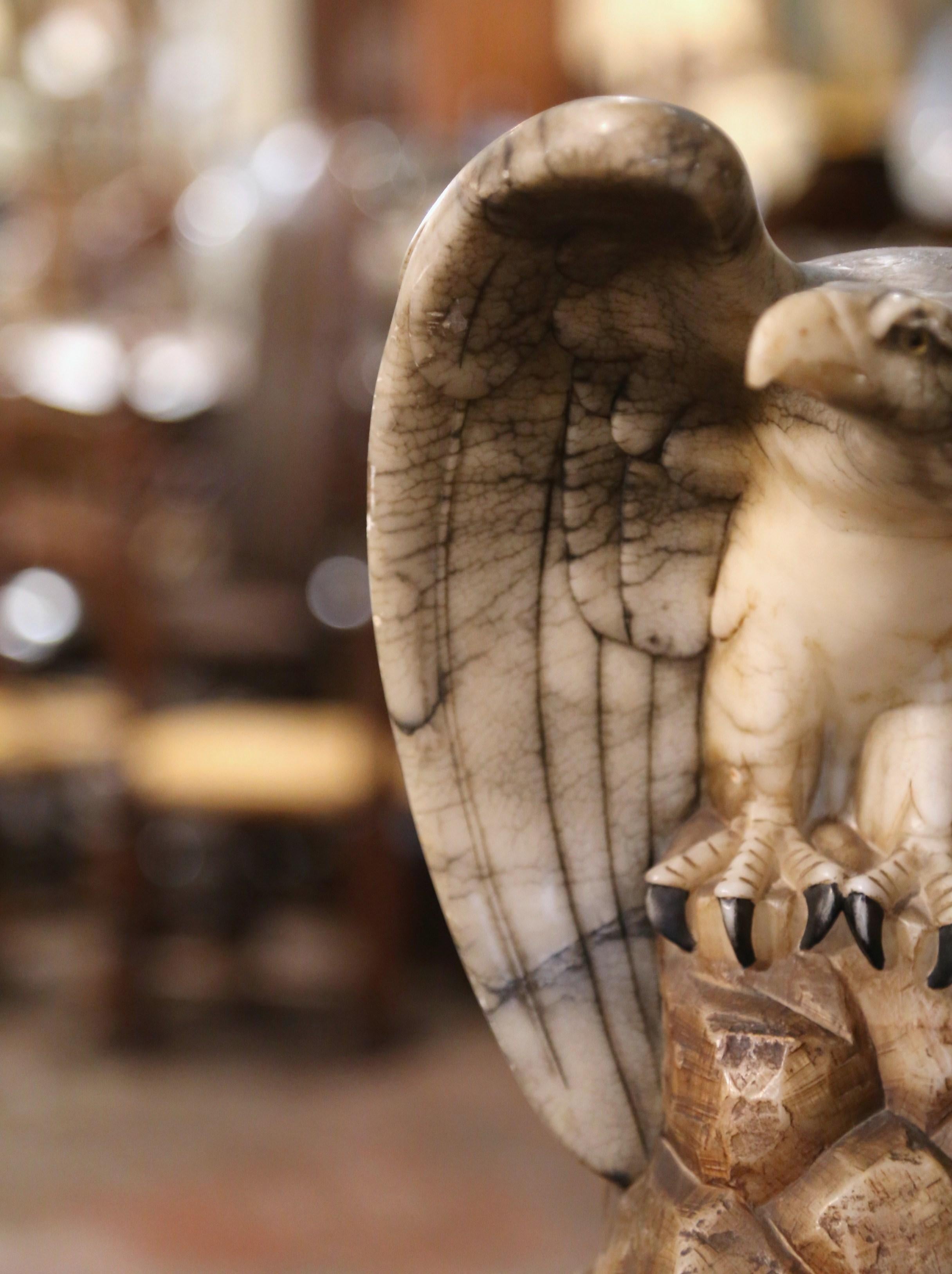 Hand-Carved 19th Century French Carved Variegated Marble Eagle Sculpture with Glass Eyes For Sale