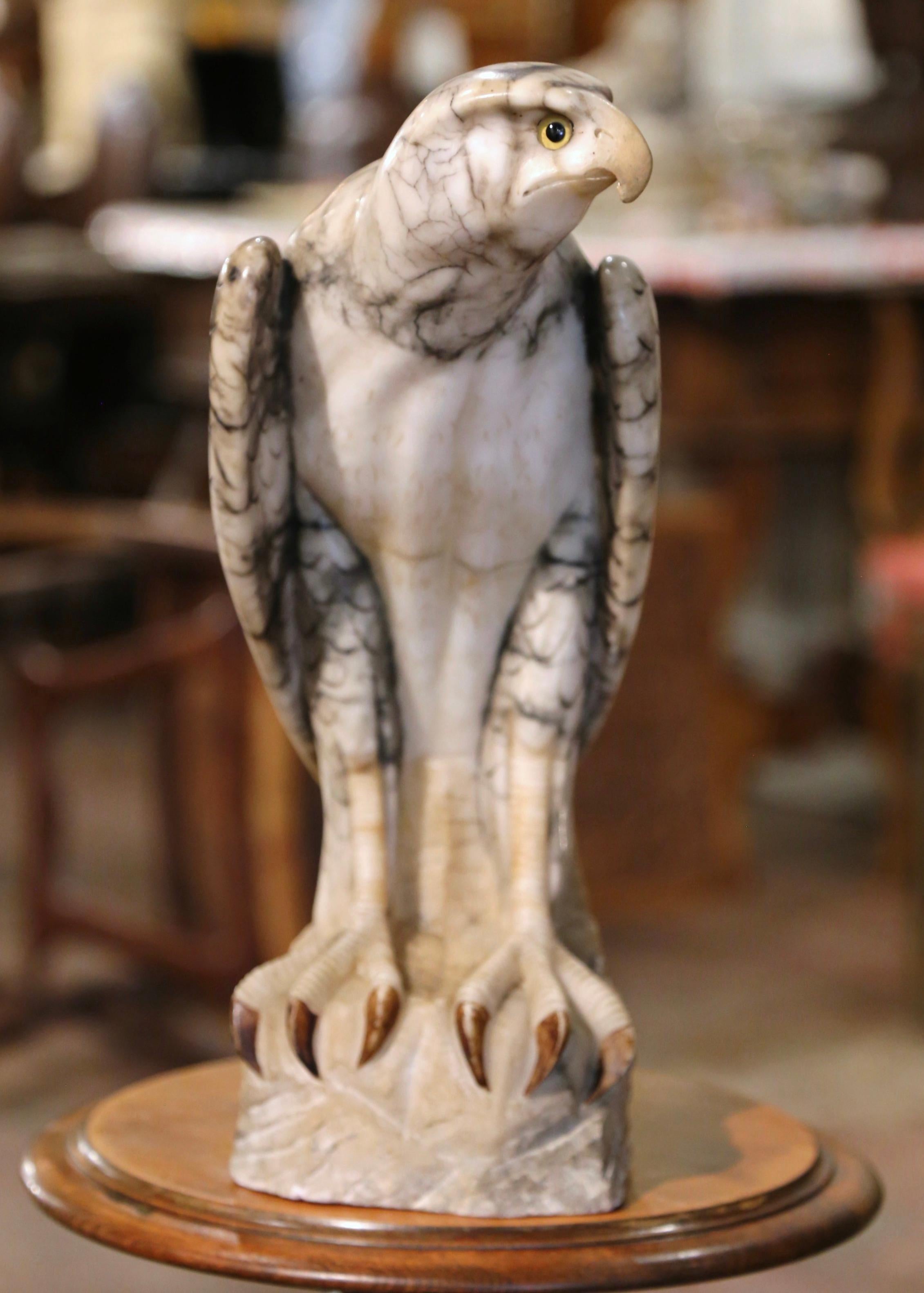 19th Century French Carved Variegated Marble Eagle Sculpture with Glass Eyes For Sale 1
