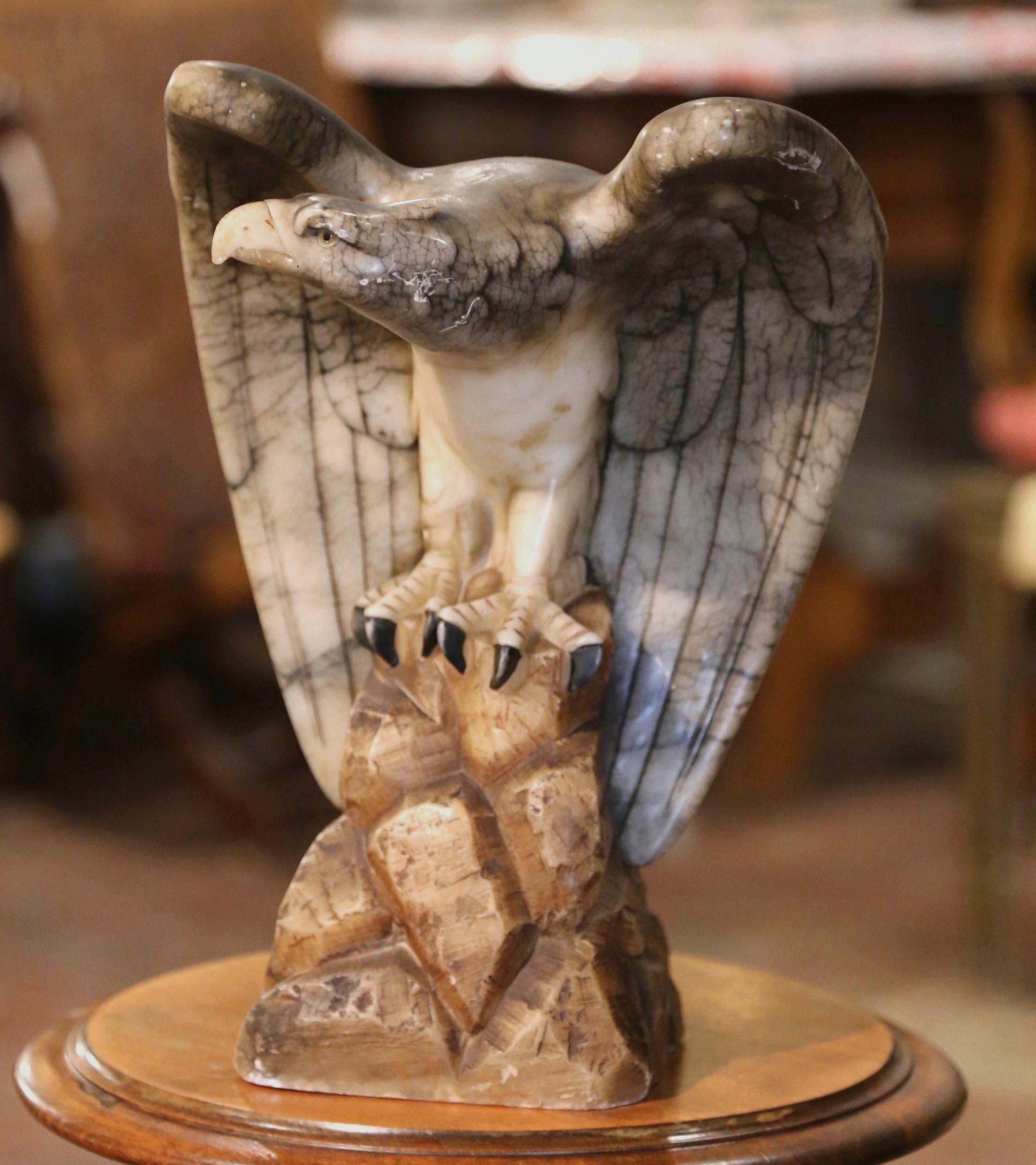 19th Century French Carved Variegated Marble Eagle Sculpture with Glass Eyes For Sale 1