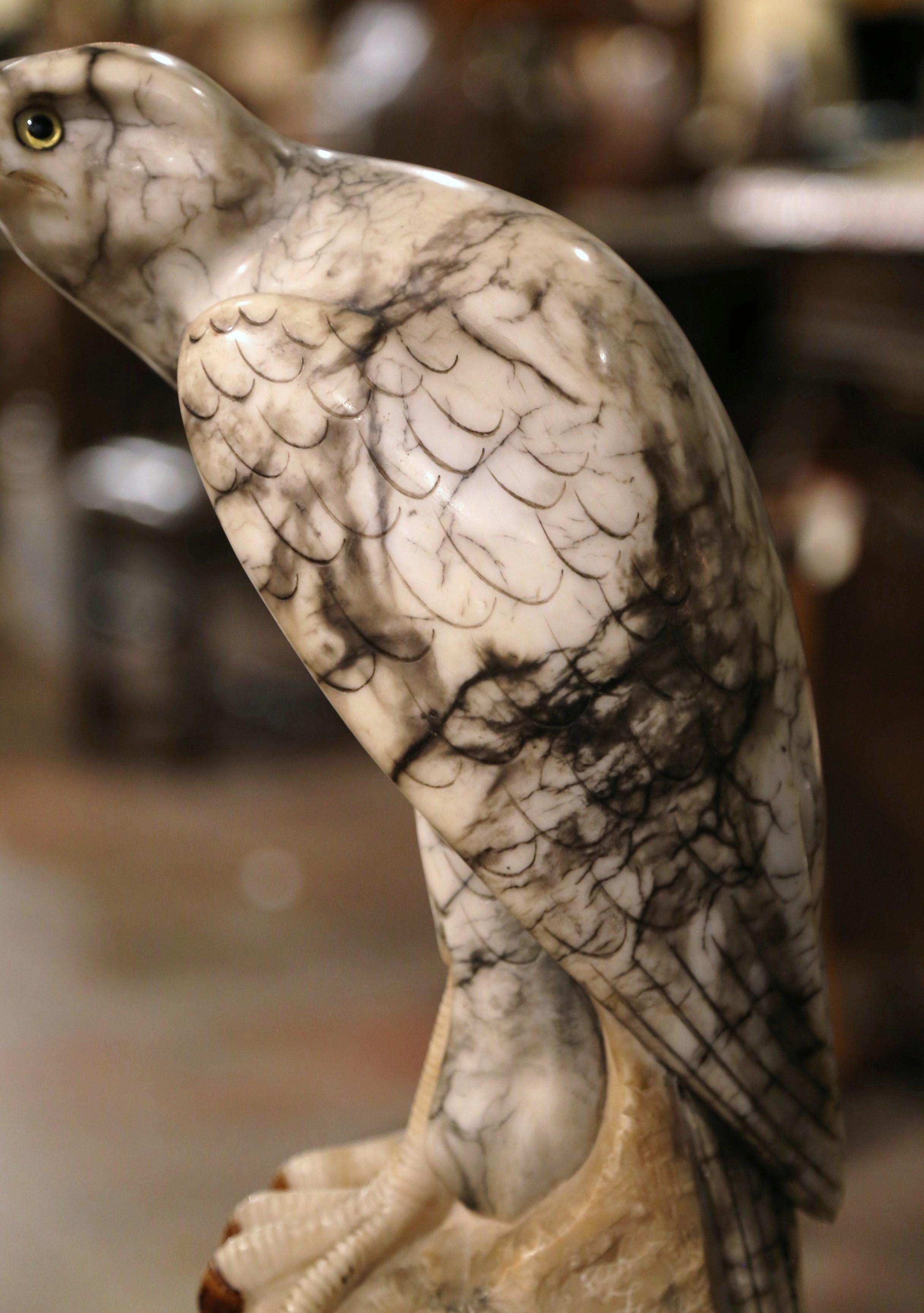 19th Century French Carved Variegated Marble Eagle Sculpture with Glass Eyes For Sale 3