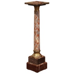 19th Century French Carved Variegated Marble Pedestal Table with Brass Rings