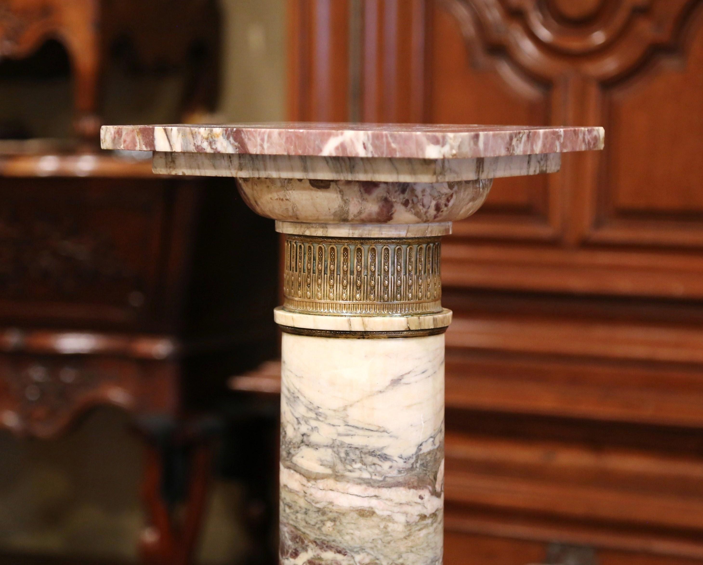 Napoleon III 19th Century French Carved Variegated Marble Pedestal Table with Brass Rings