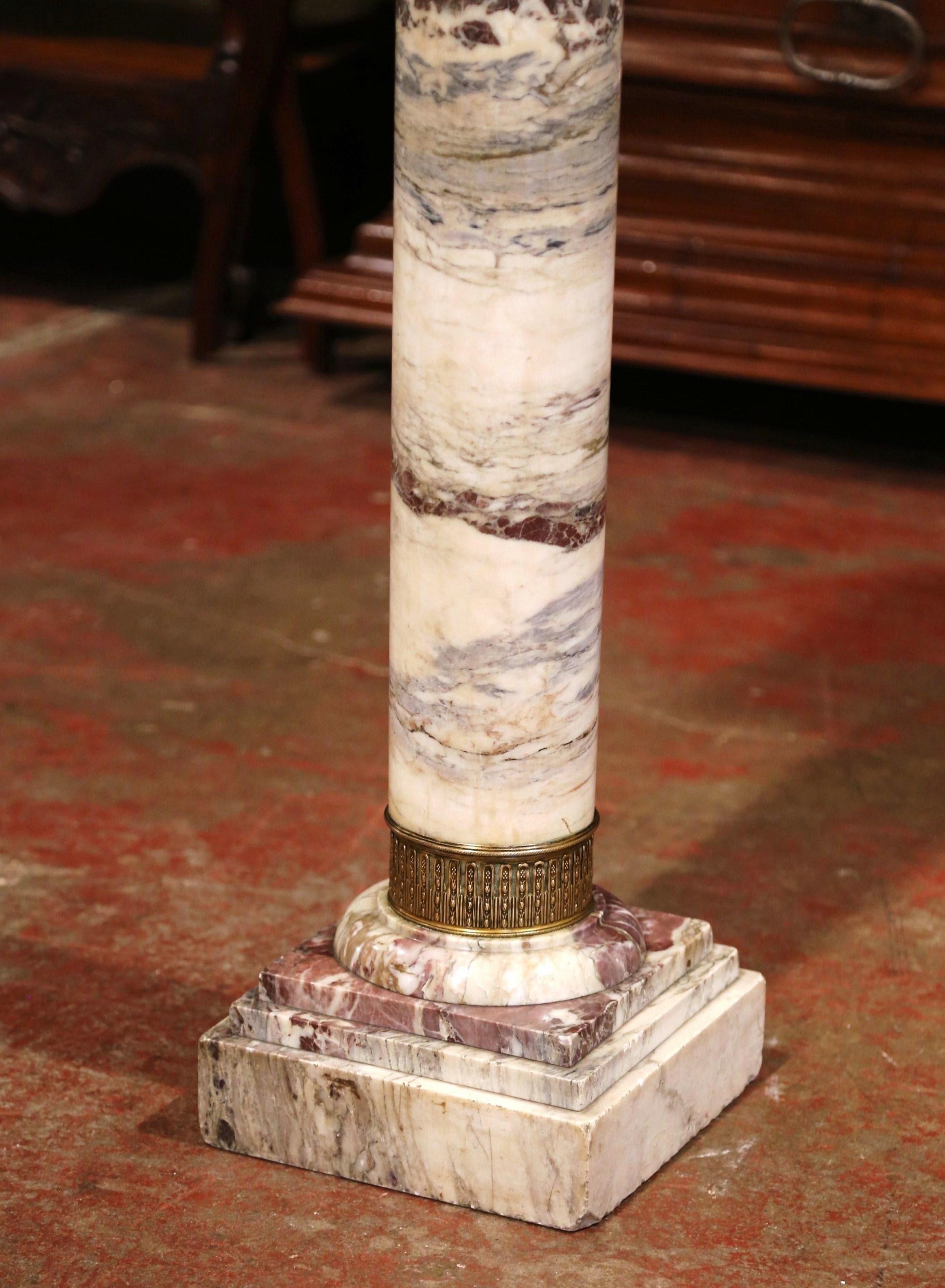 Hand-Carved 19th Century French Carved Variegated Marble Pedestal Table with Brass Rings