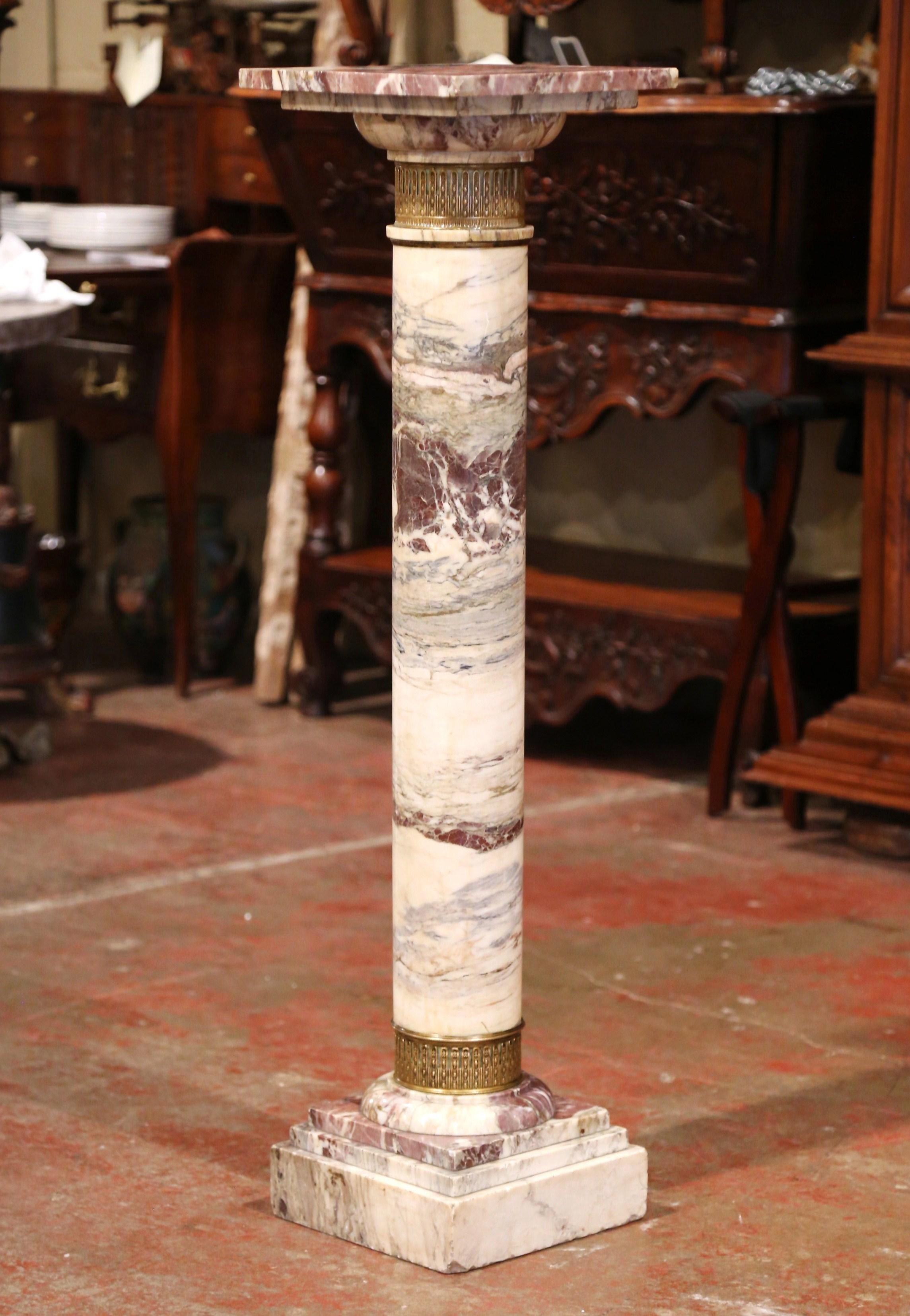 19th Century French Carved Variegated Marble Pedestal Table with Brass Rings In Excellent Condition In Dallas, TX