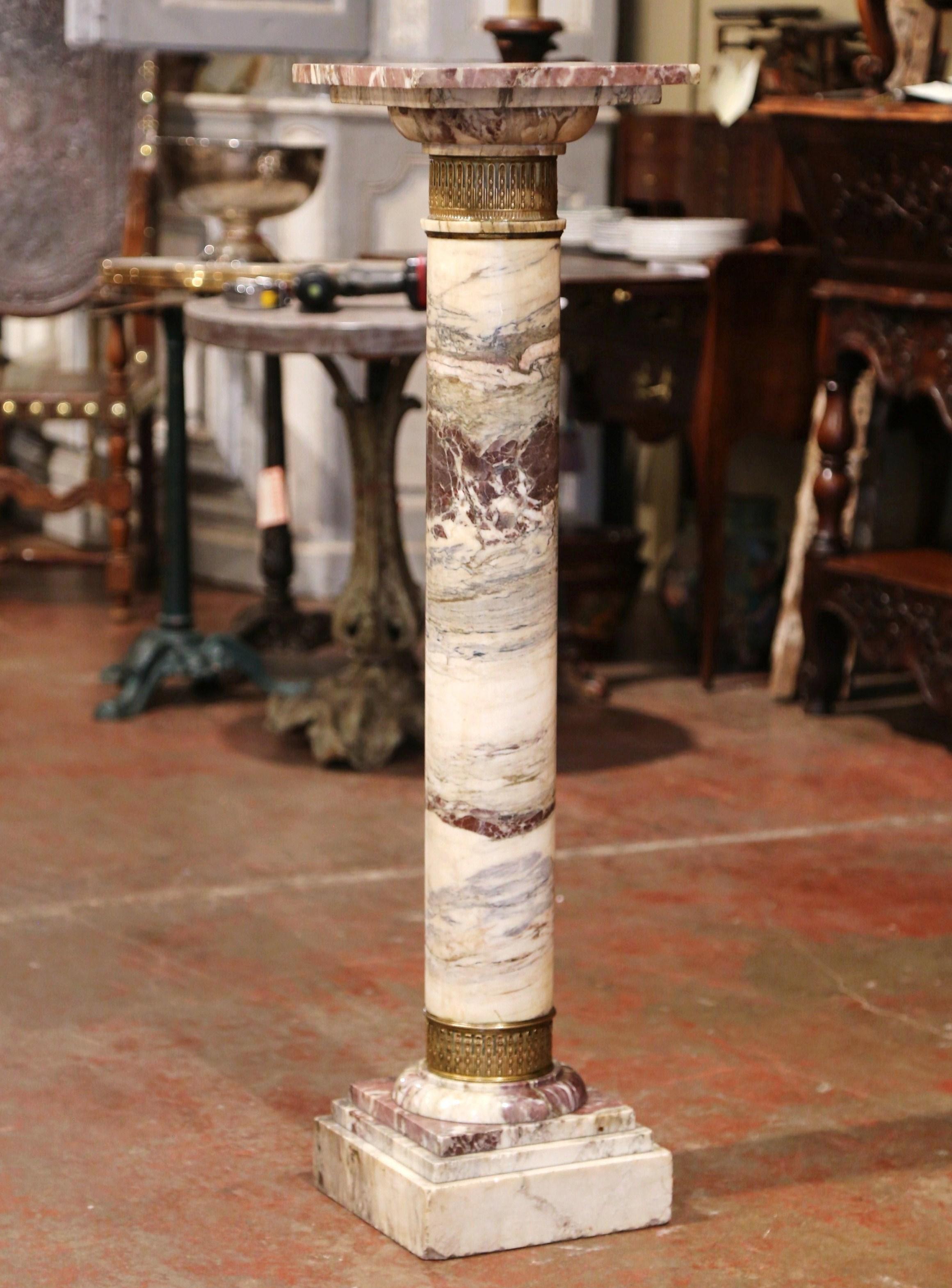 19th Century French Carved Variegated Marble Pedestal Table with Brass Rings 2