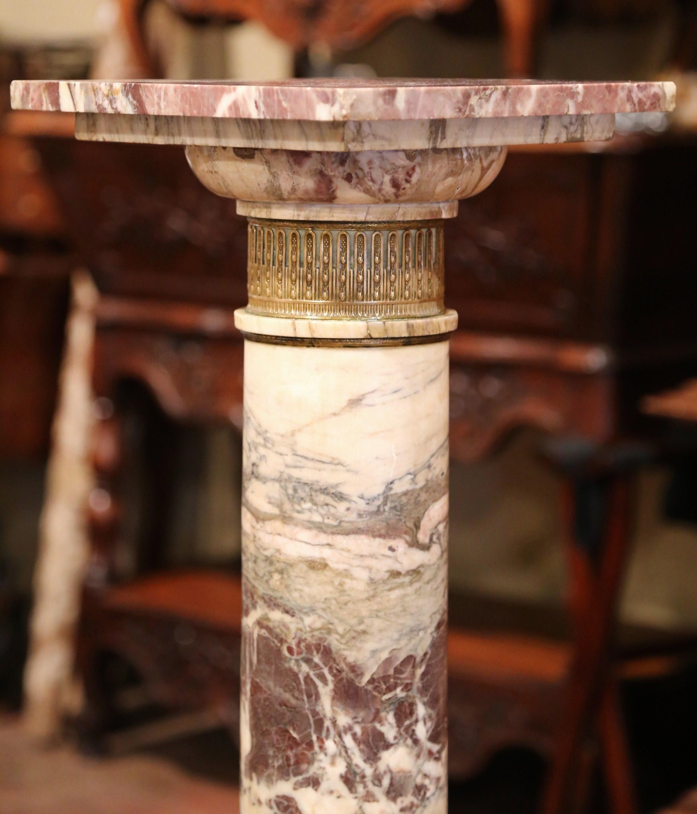 19th Century French Carved Variegated Marble Pedestal Table with Brass Rings 3