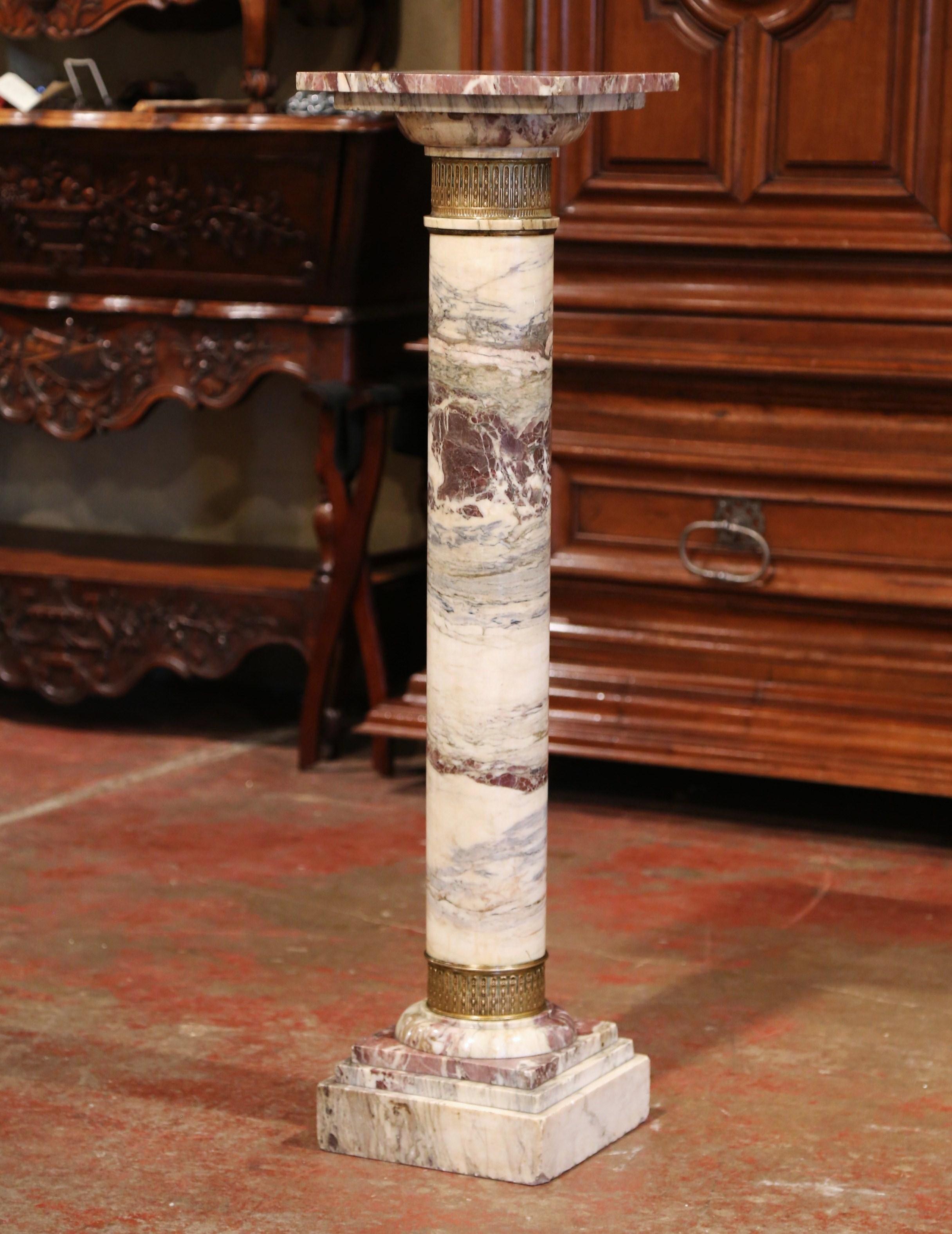 19th Century French Carved Variegated Marble Pedestal Table with Brass Rings 4