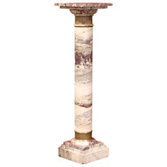 19th Century French Carved Variegated Marble Pedestal Table with Brass Rings