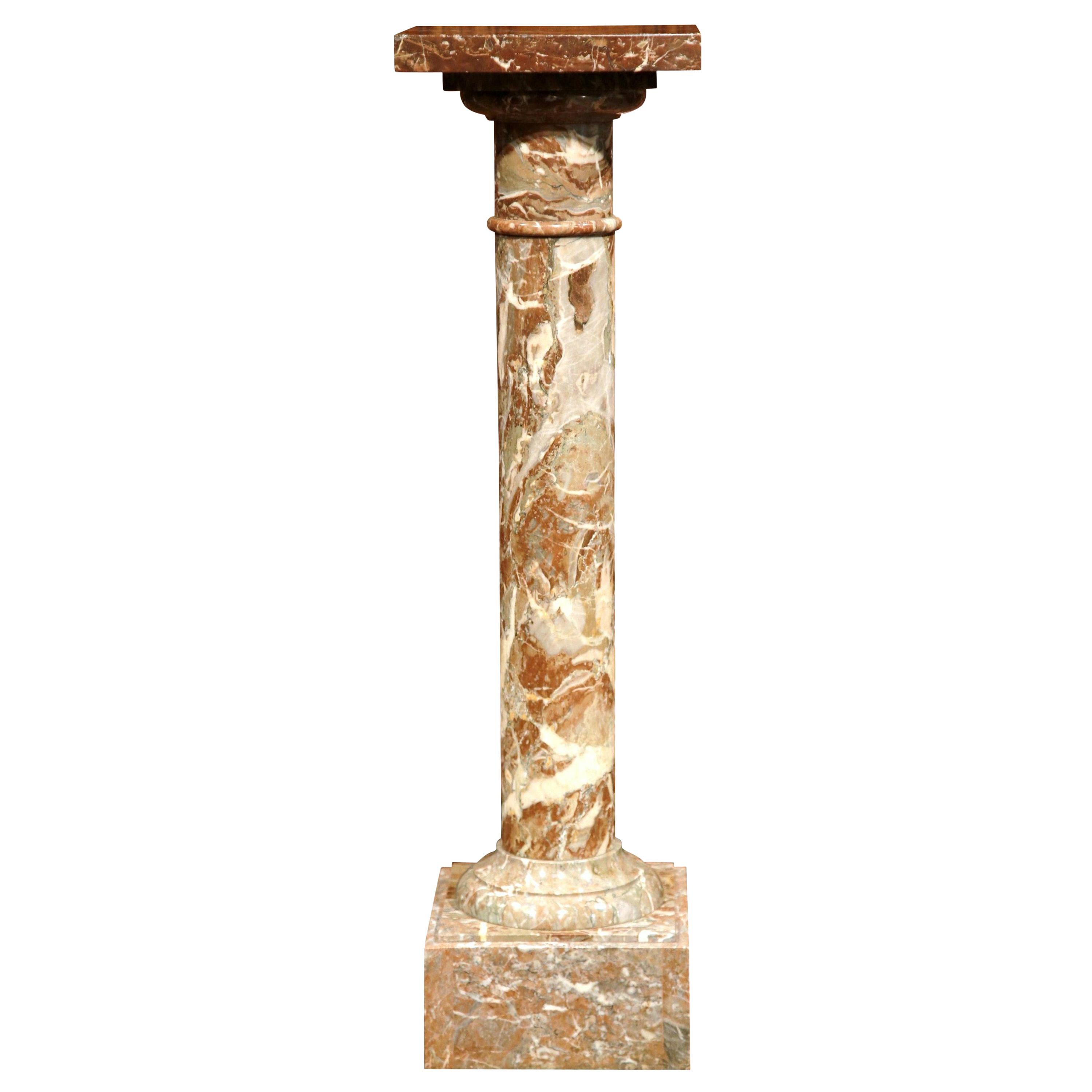 19th Century French Carved Variegated Marble Pedestal with Square Swivel Top