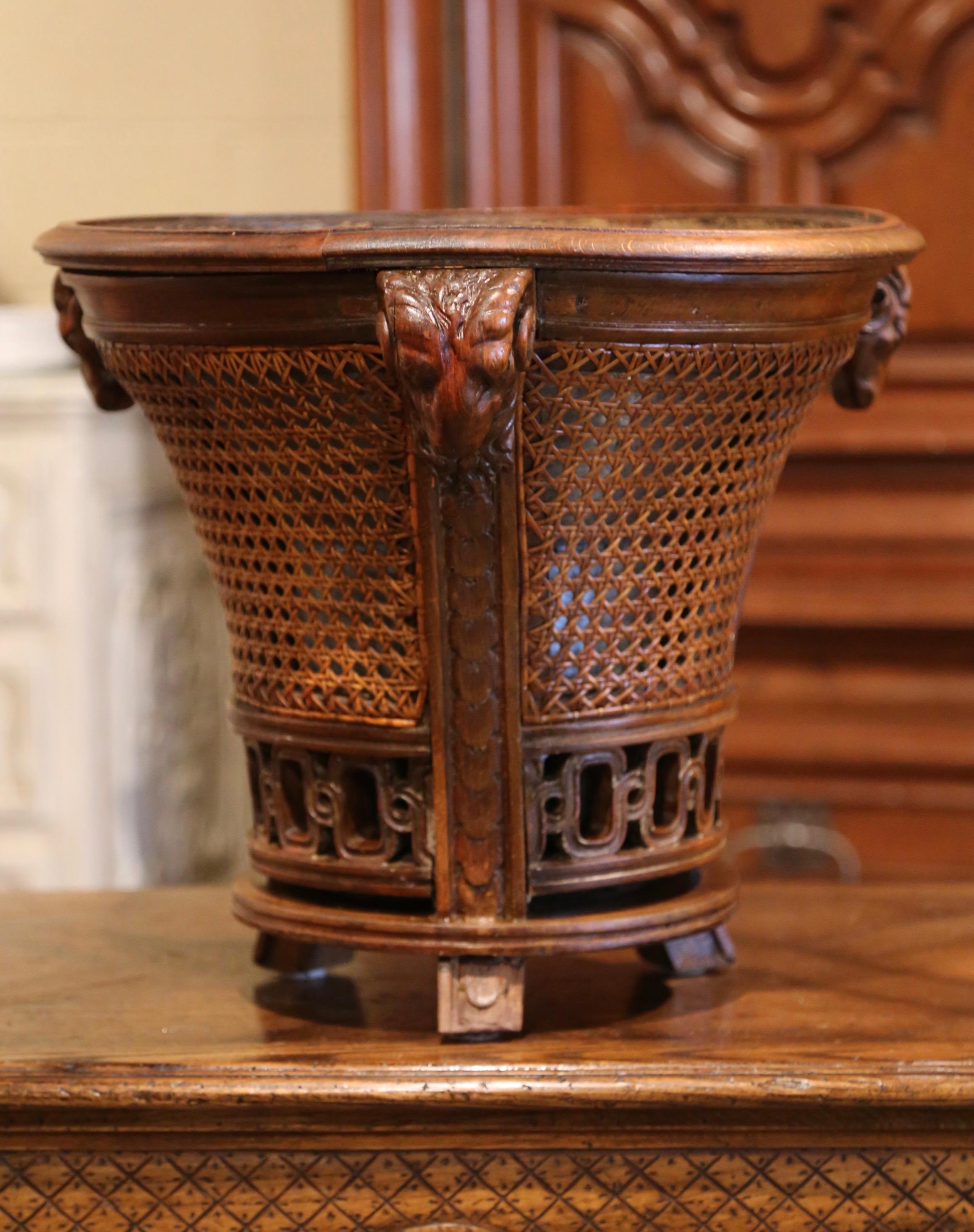 Patinated 19th Century French Carved Walnut and Cane Jardiniere with Inside Zinc Liner