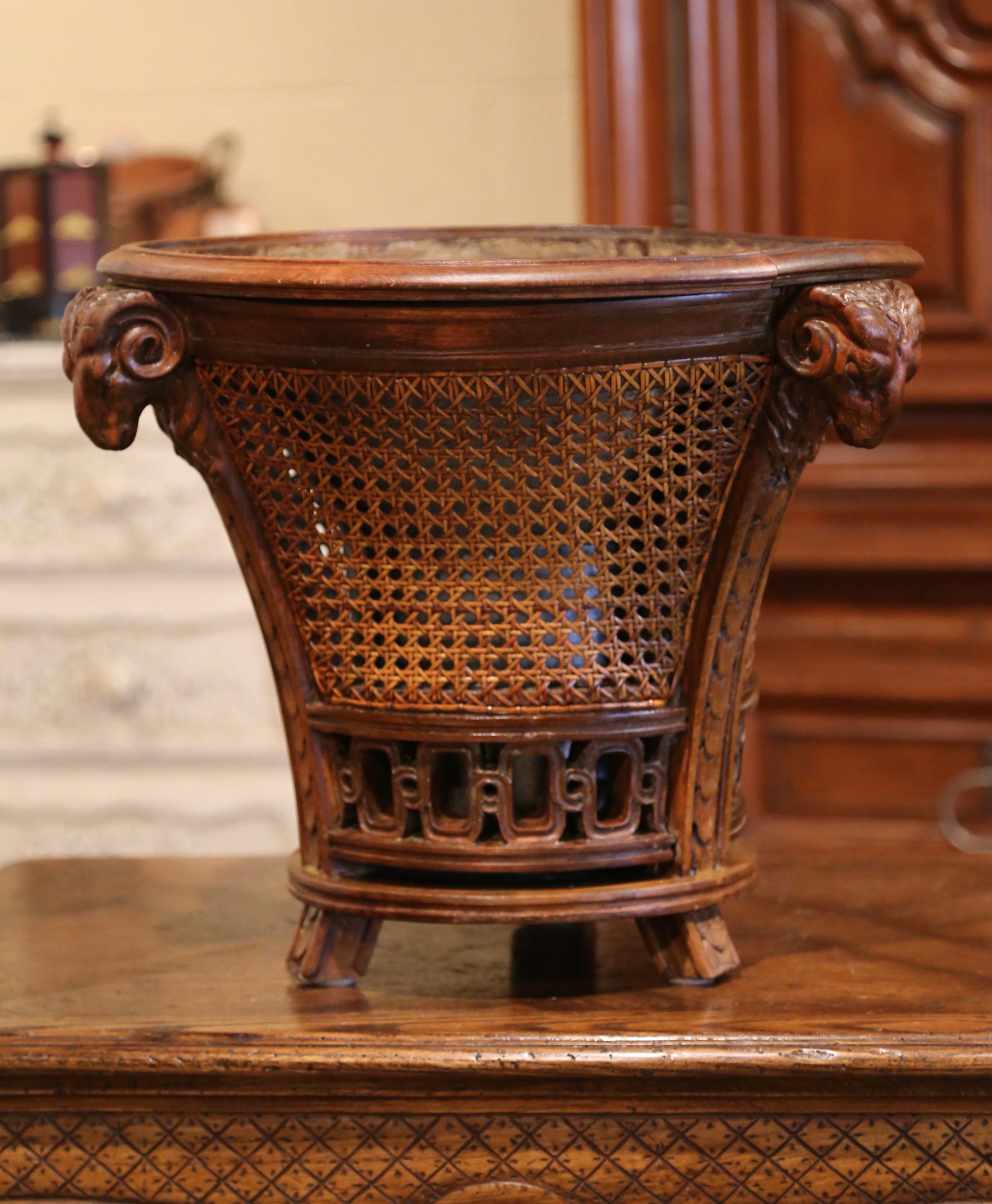 19th Century French Carved Walnut and Cane Jardiniere with Inside Zinc Liner In Excellent Condition In Dallas, TX