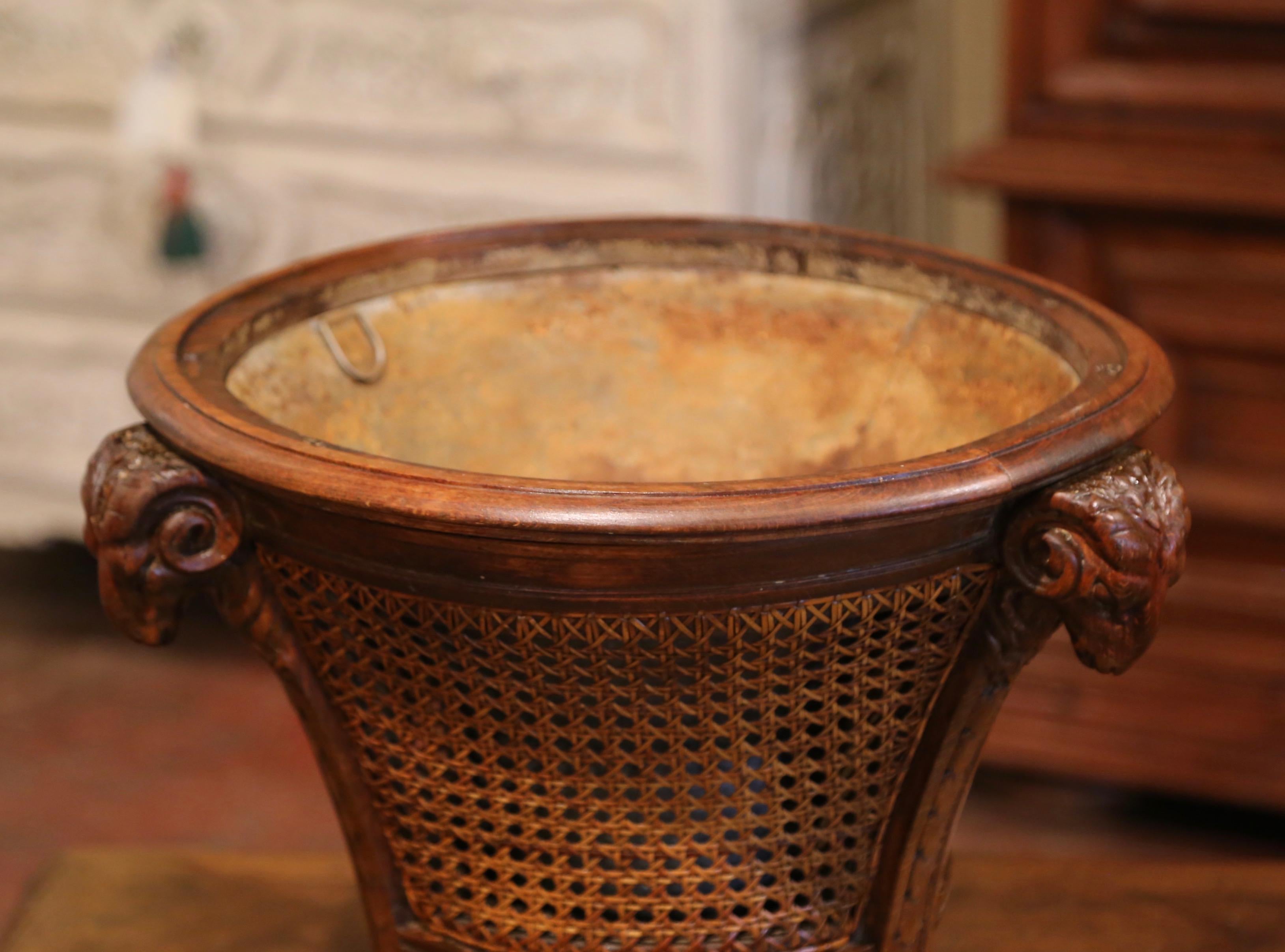 19th Century French Carved Walnut and Cane Jardiniere with Inside Zinc Liner 2
