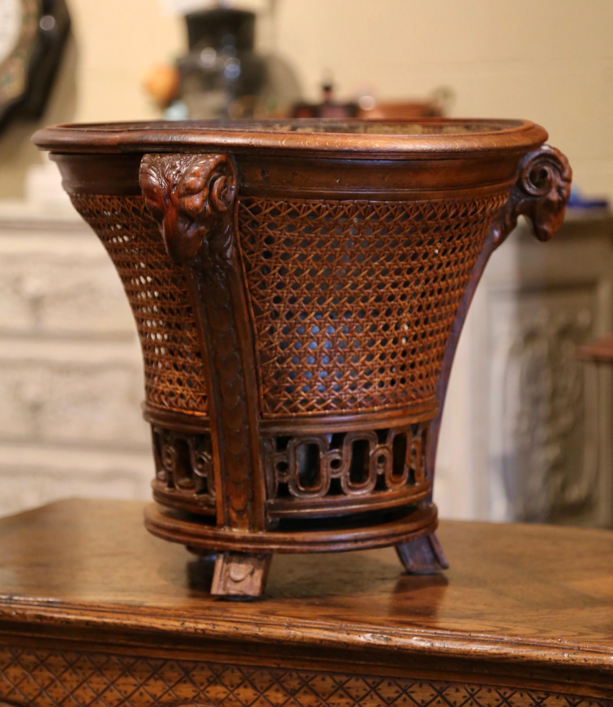 19th Century French Carved Walnut and Cane Jardiniere with Inside Zinc Liner 4