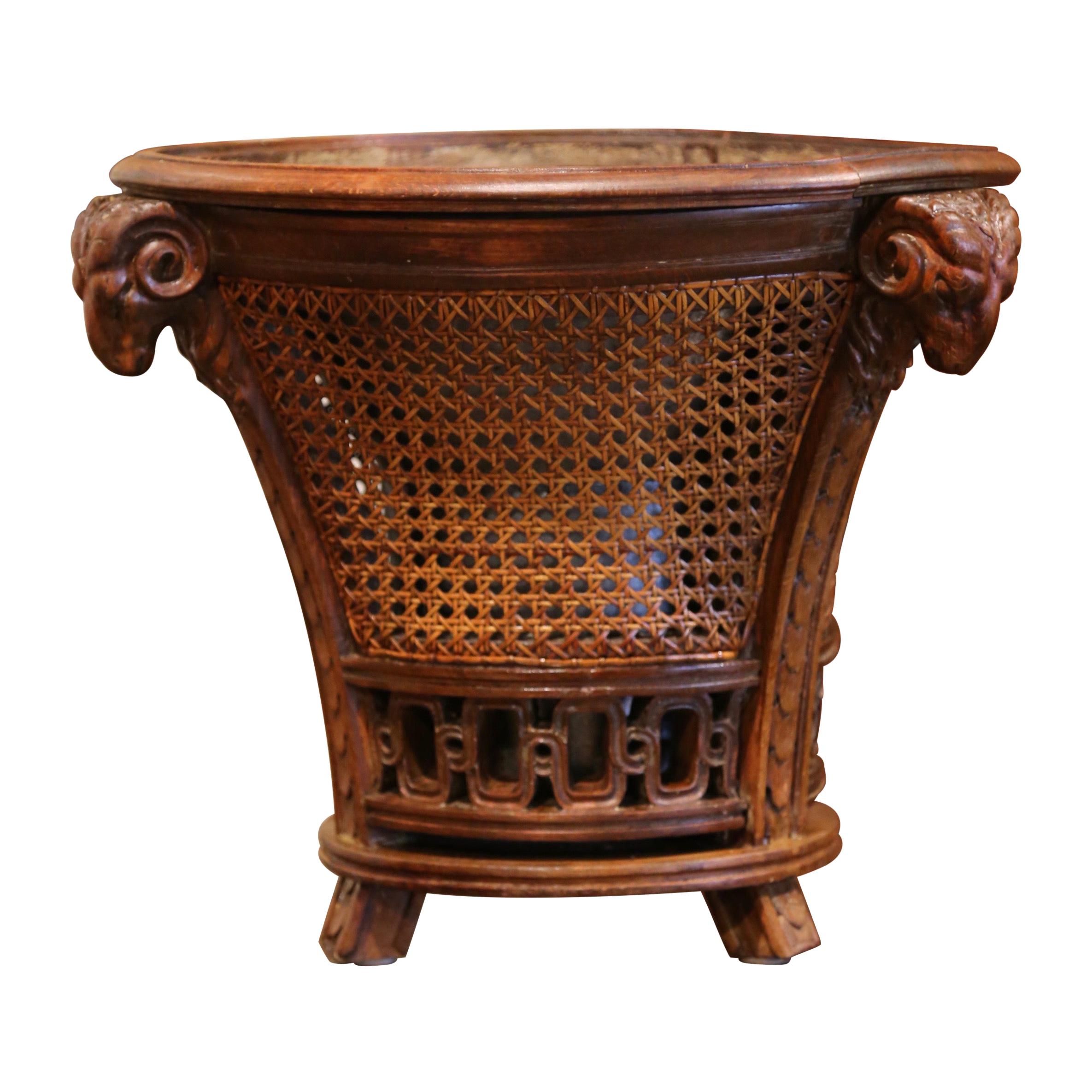 19th Century French Carved Walnut and Cane Jardiniere with Inside Zinc Liner