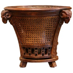 19th Century French Carved Walnut and Cane Jardinière with Inside Zinc Liner