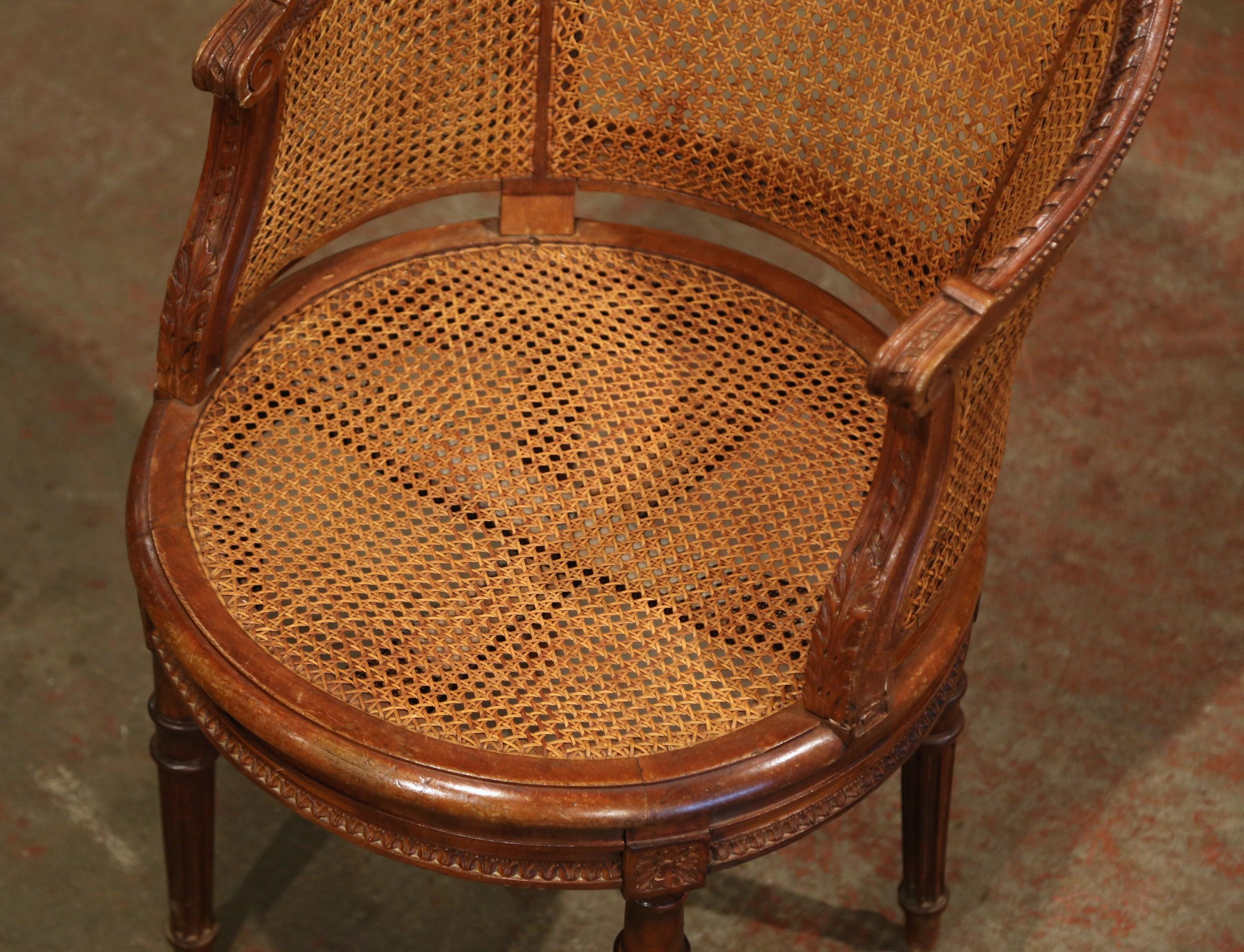 19th Century French Carved Walnut and Cane Swivel Desk Armchair with Leather 5