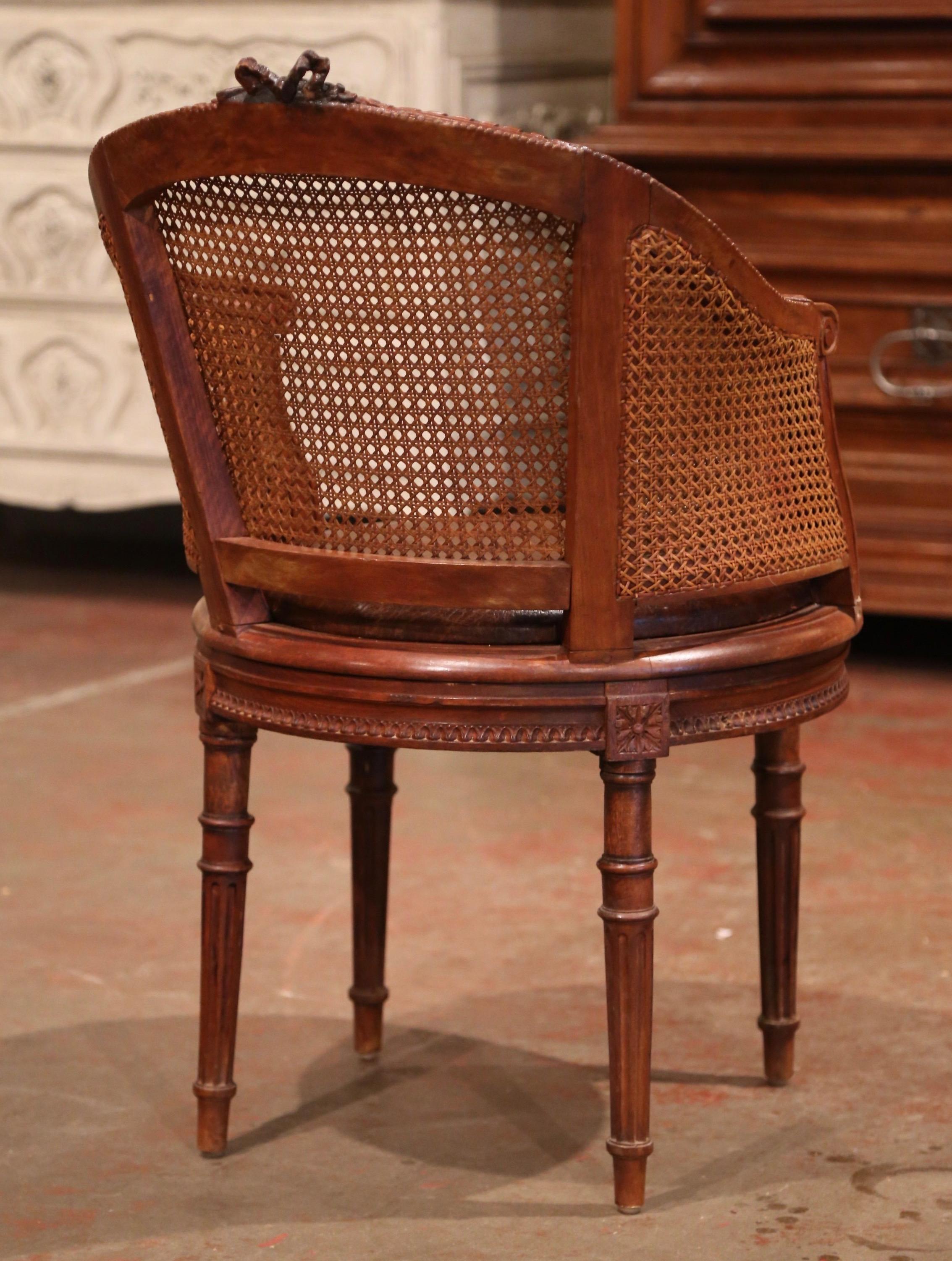 19th Century French Carved Walnut and Cane Swivel Desk Armchair with Leather 6