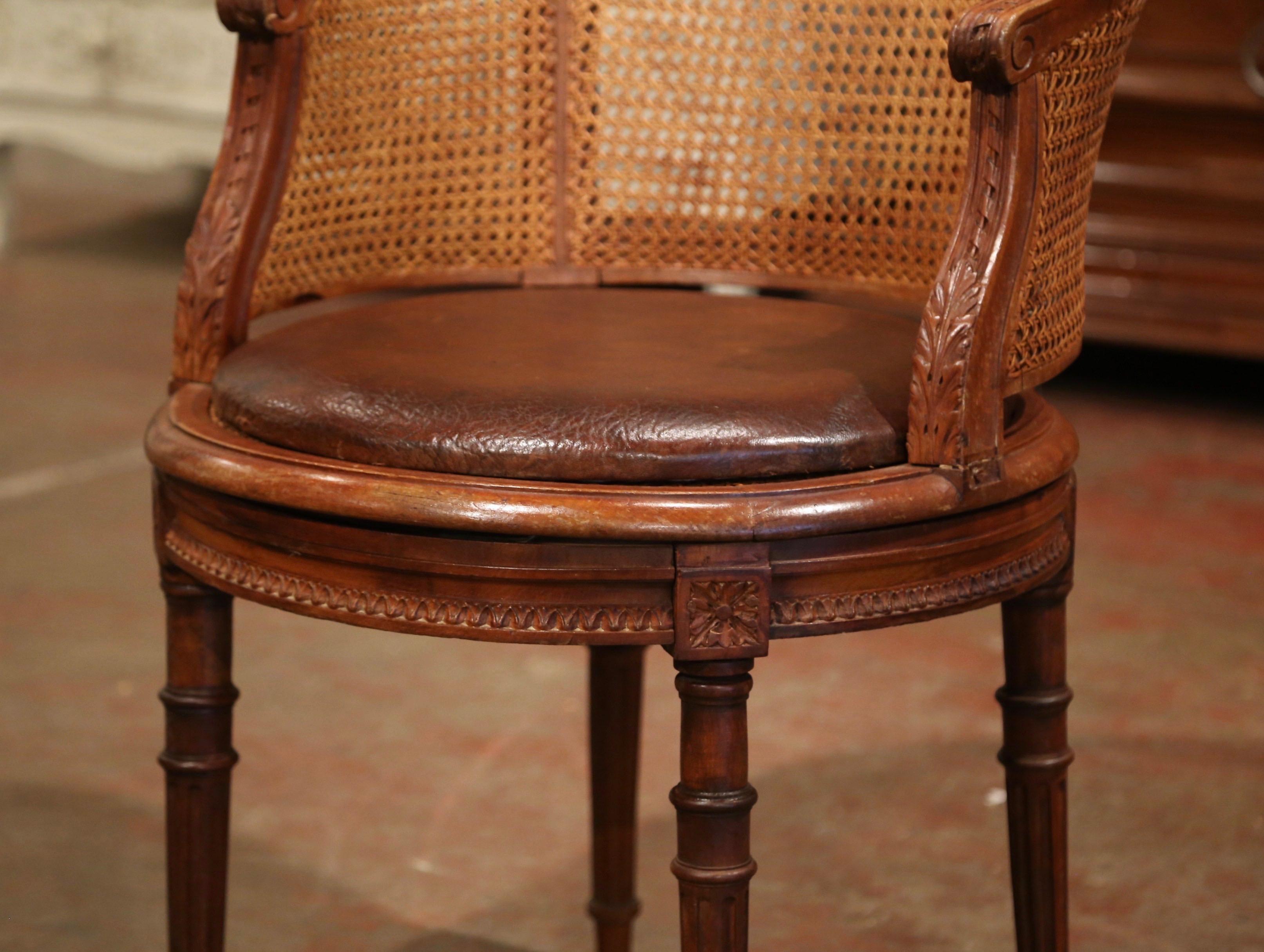 19th Century French Carved Walnut and Cane Swivel Desk Armchair with Leather 1
