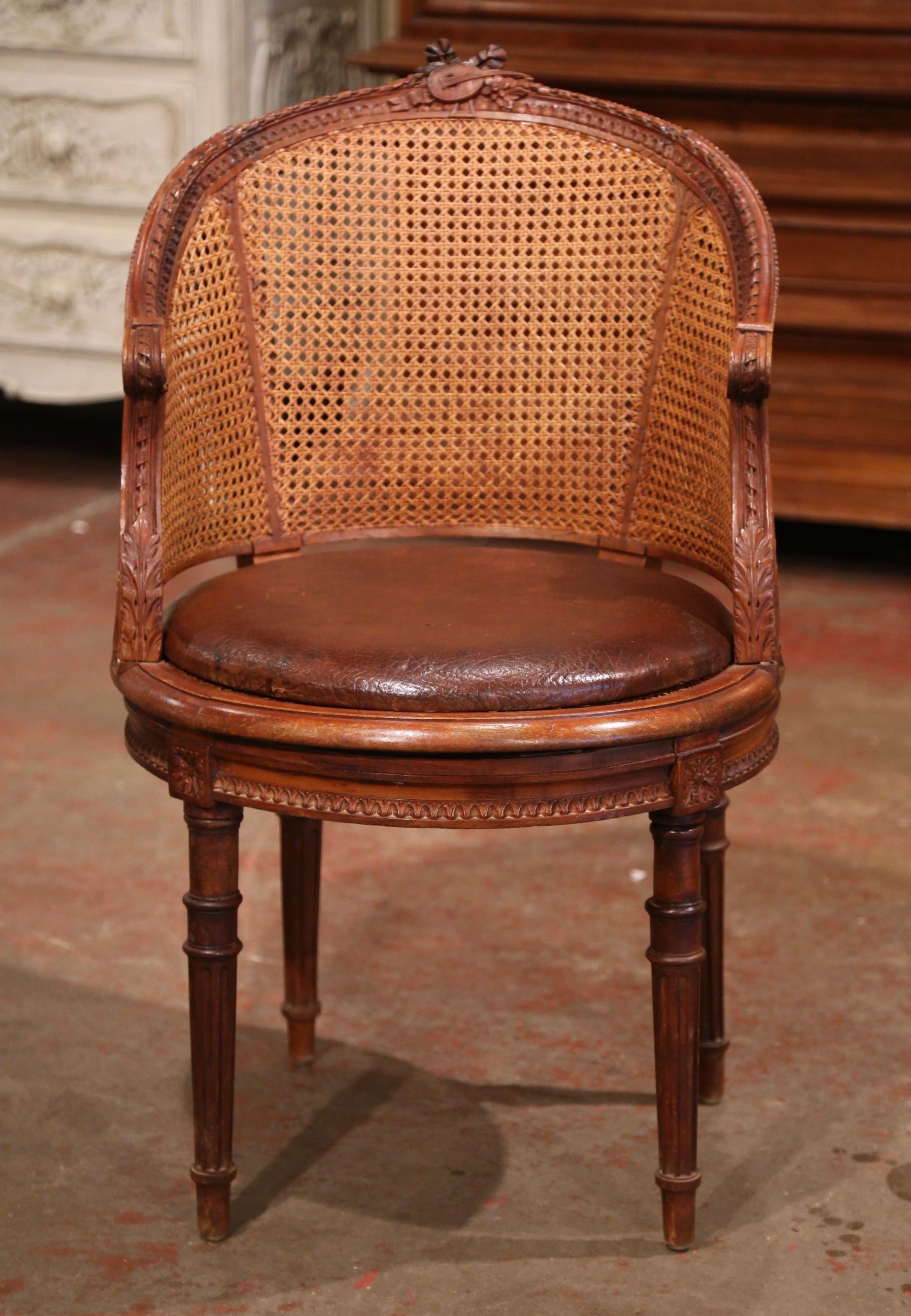 19th Century French Carved Walnut and Cane Swivel Desk Armchair with Leather 2