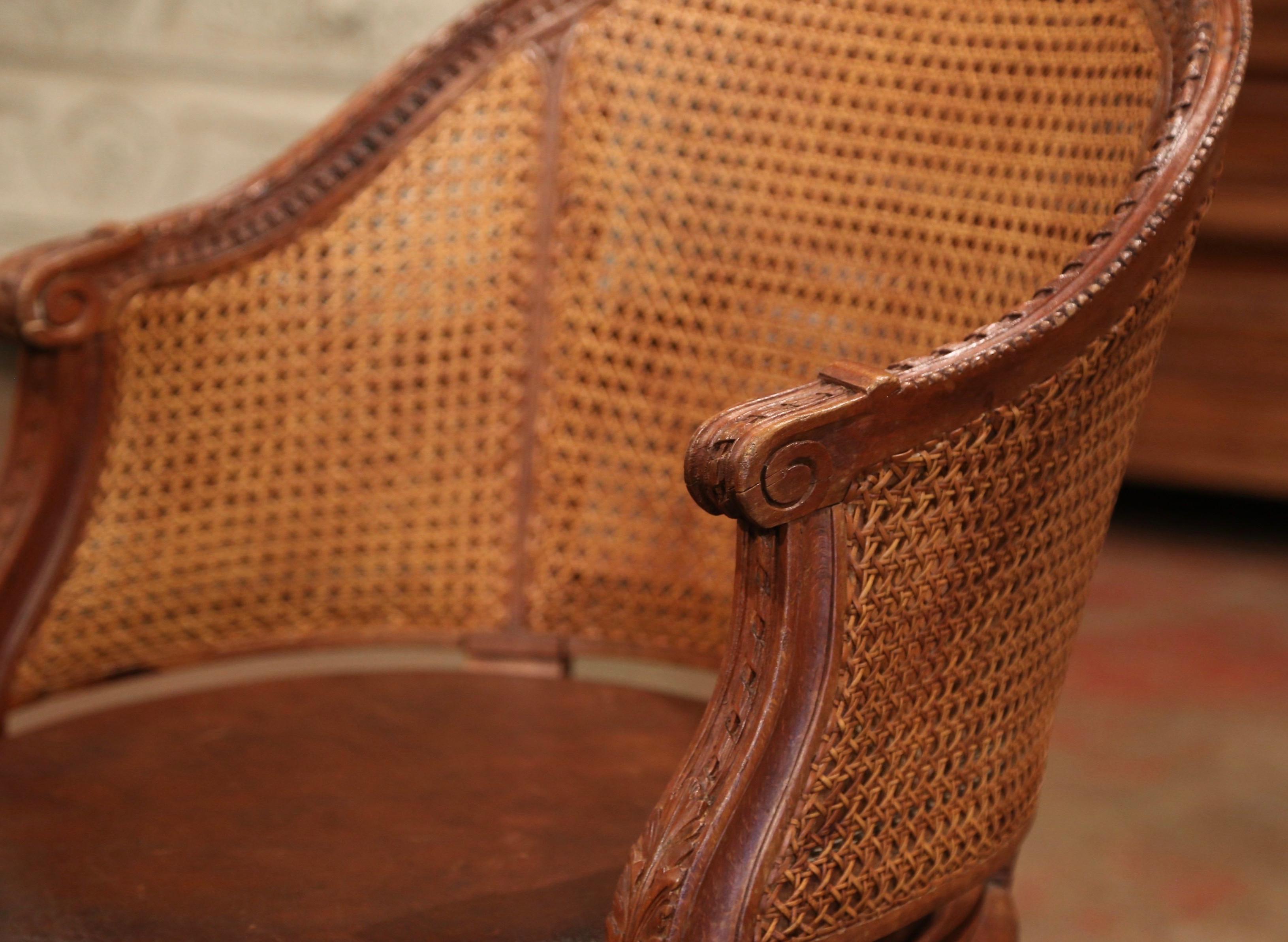 19th Century French Carved Walnut and Cane Swivel Desk Armchair with Leather 4