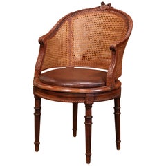 Antique 19th Century French Carved Walnut and Cane Swivel Desk Armchair with Leather