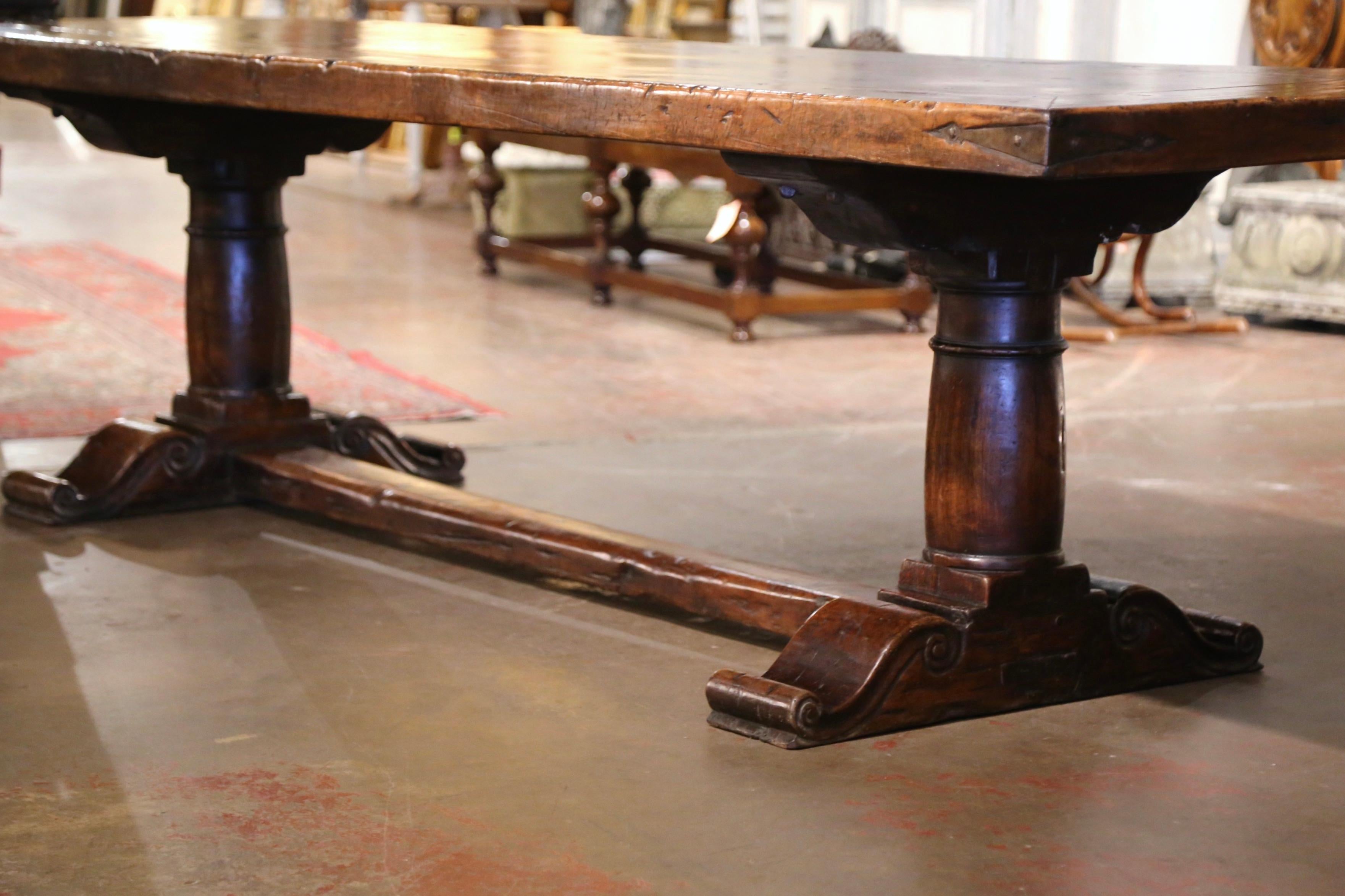 Hand-Carved 19th Century French Carved Walnut and Chestnut Trestle Dining Farm Table
