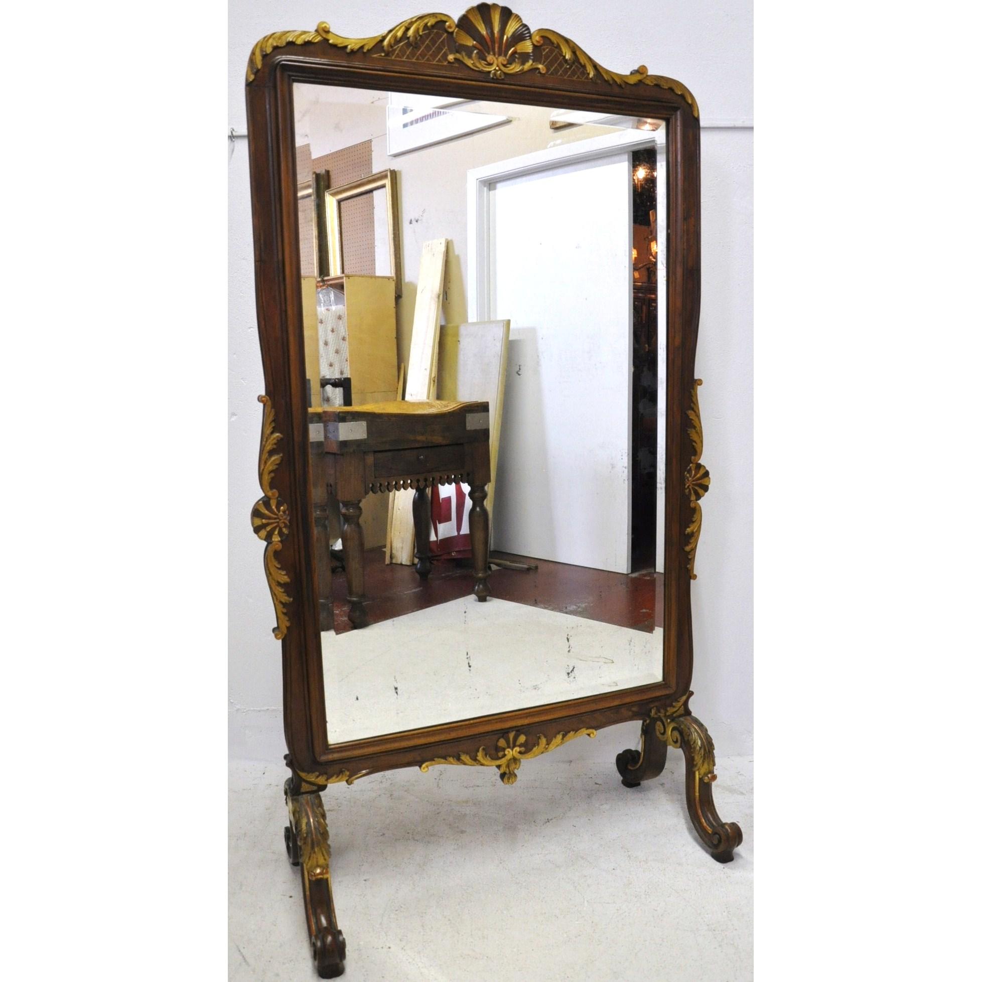 Add elegance and practicality to your walk-in closet or bathroom with this antique floor mirror. Crafted in Lyon, France, circa 1890, the raised mirror is outfitted with beveled mercury glass, and is a beautiful example of the Baroque Louis XV