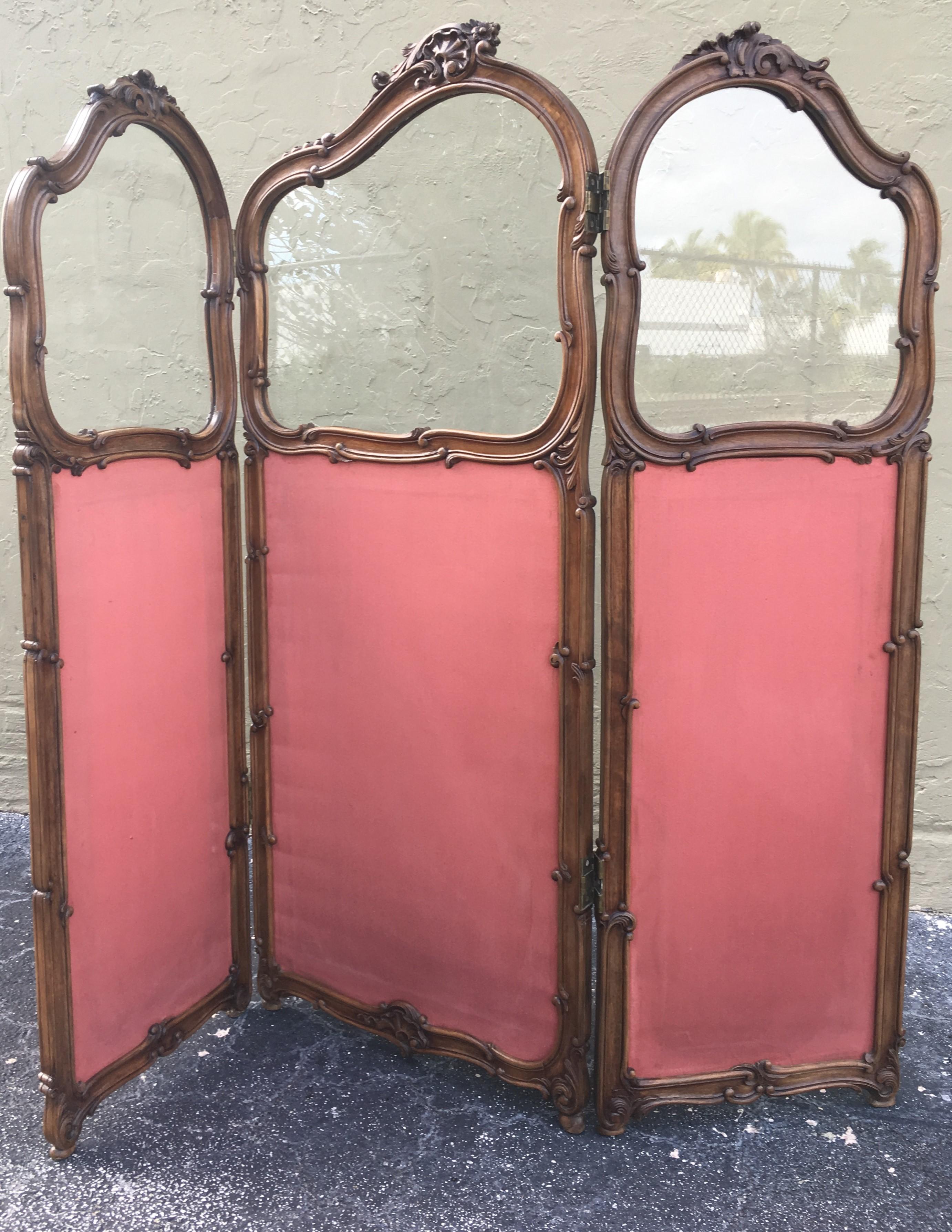 19th Century French Carved Walnut and Gilt Three-Fold Screen 2