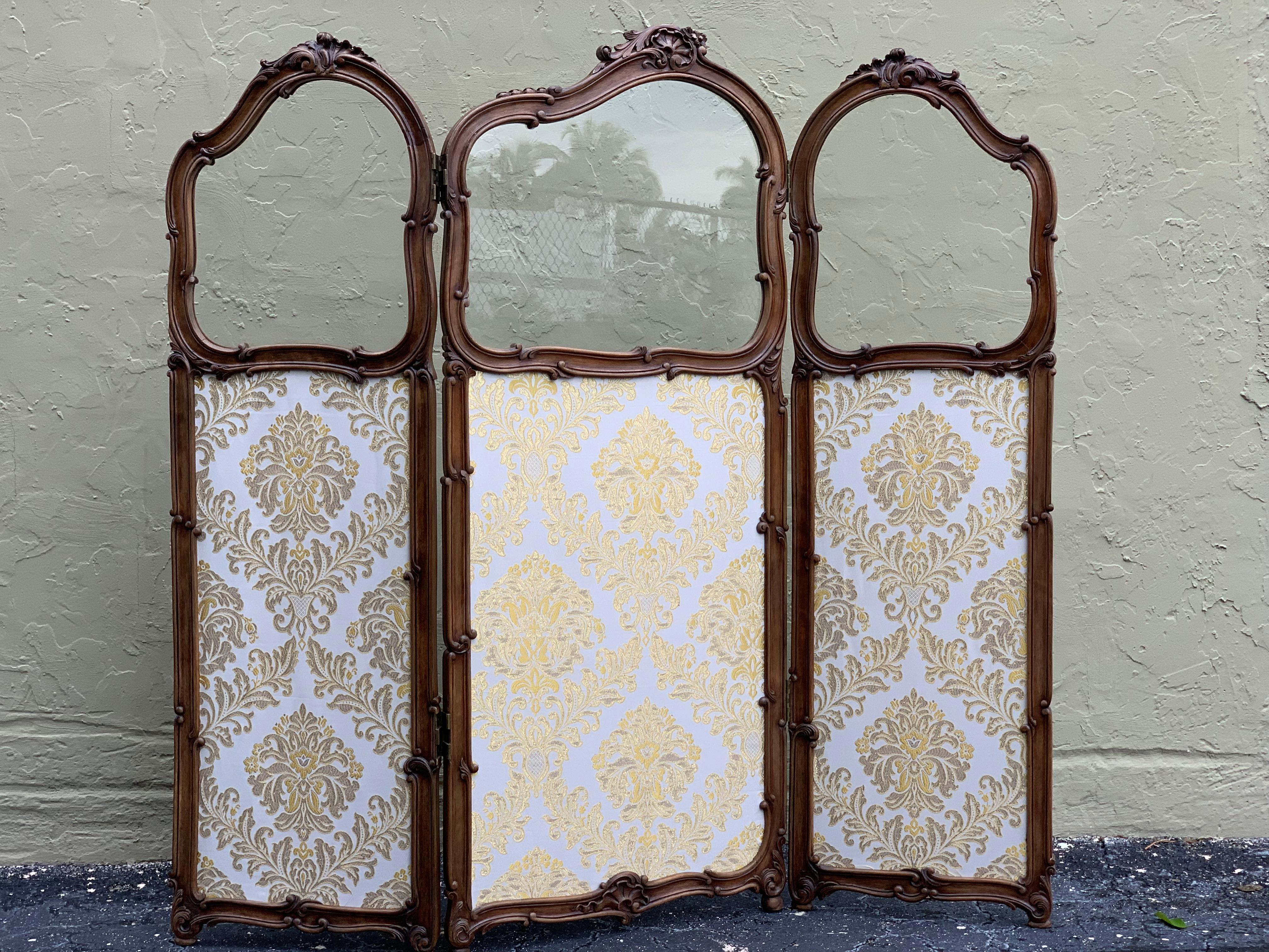19th Century French Carved Walnut and Glass, Three-Fold Ulholstered Screen In Good Condition In Miami, FL