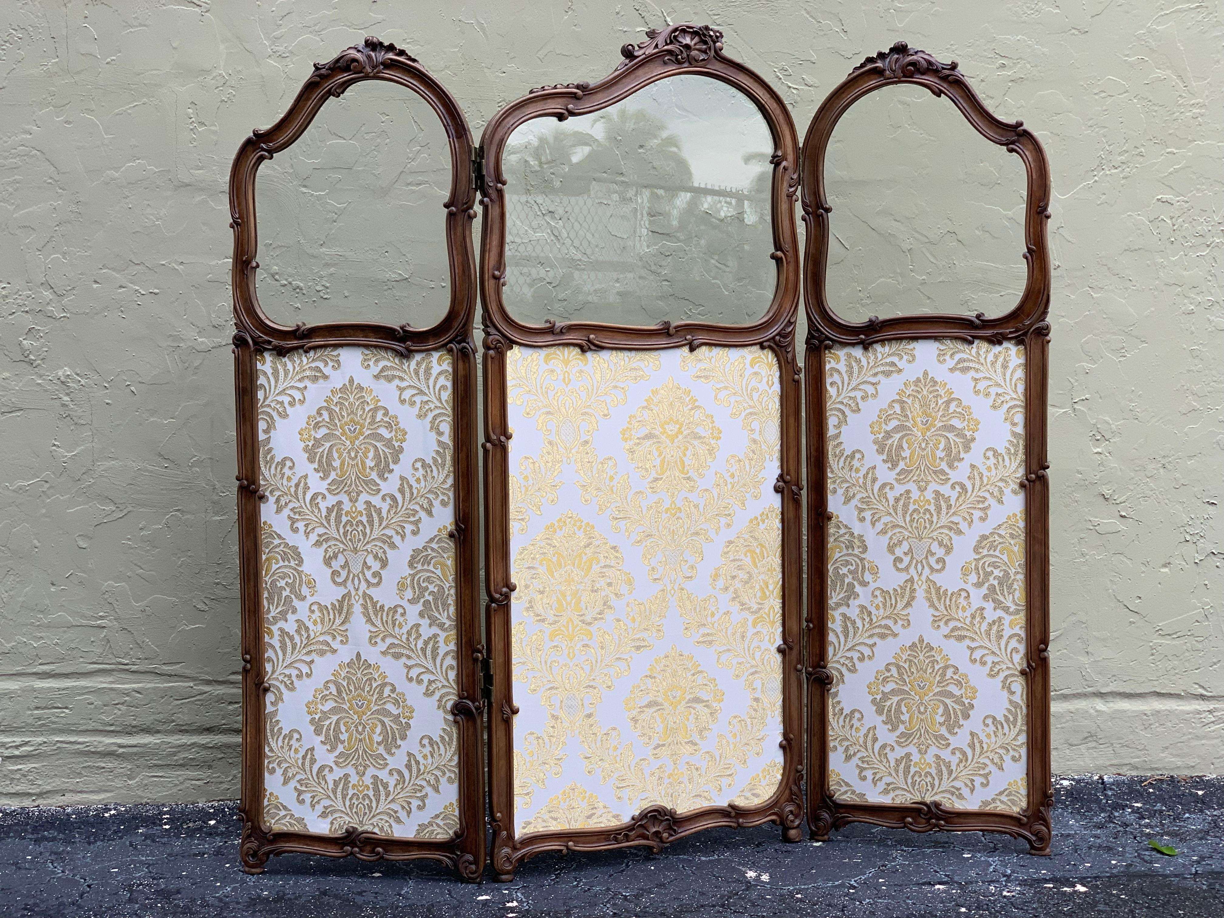 Fabric 19th Century French Carved Walnut and Glass, Three-Fold Ulholstered Screen