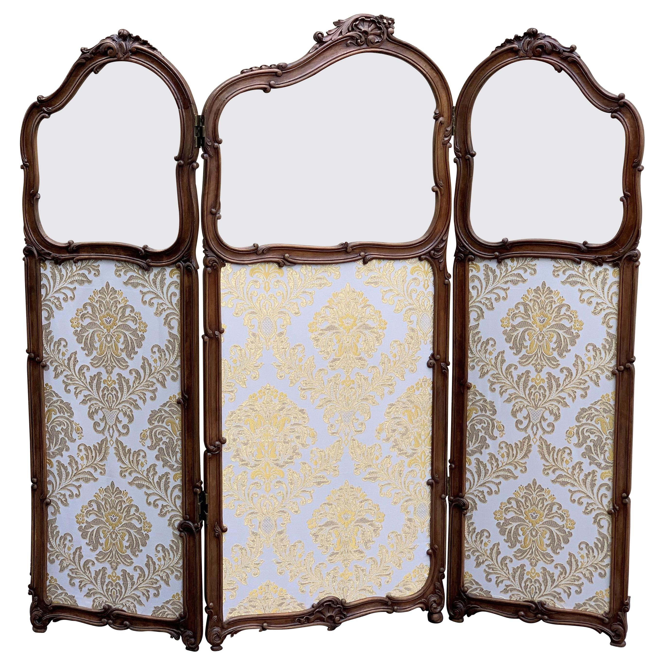 19th Century French Carved Walnut and Glass, Three-Fold Ulholstered Screen