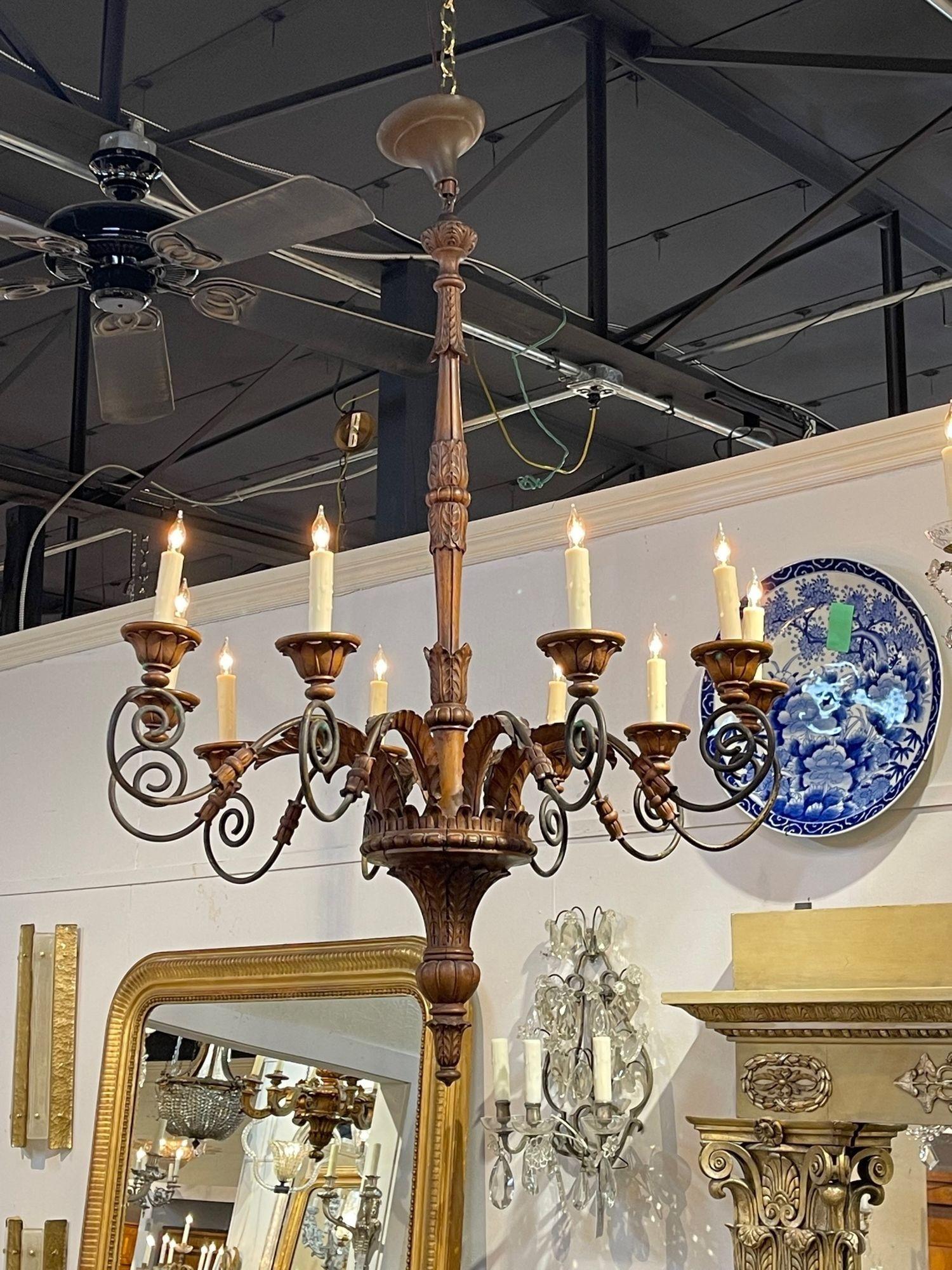 19th Century French Carved Walnut and Iron 10 Light Chandelier For Sale 7