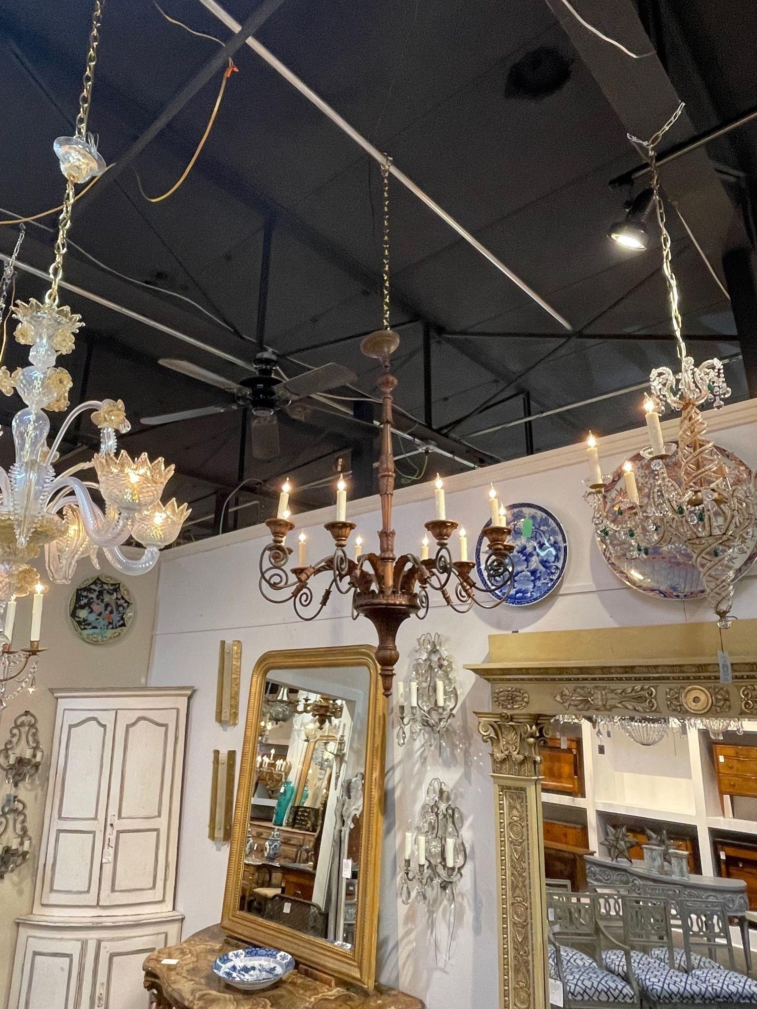 19th Century French Carved Walnut and Iron 10 Light Chandelier In Good Condition For Sale In Dallas, TX