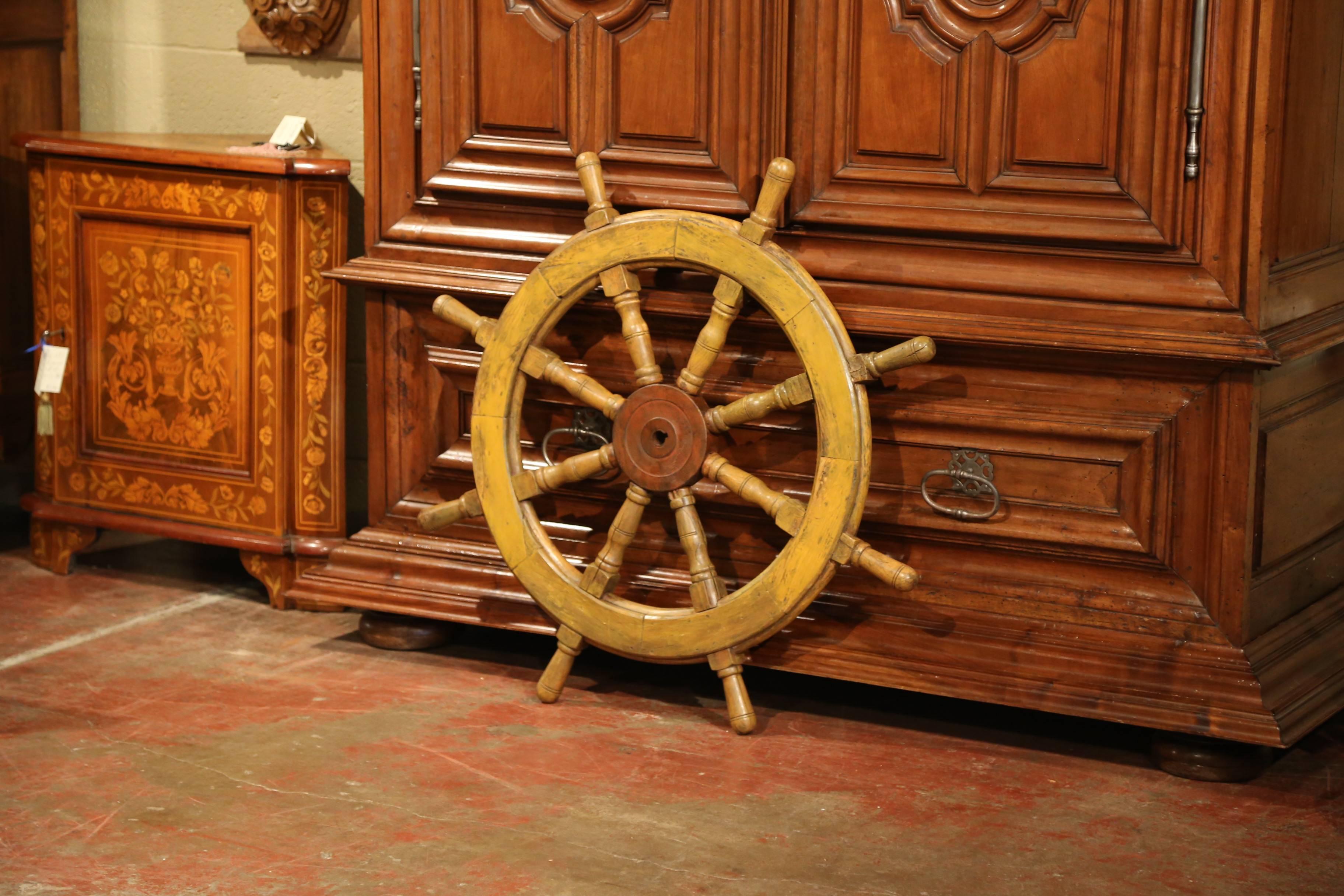 Patinated 19th Century French Carved Walnut and Iron Painted Sailboat Wheel For Sale