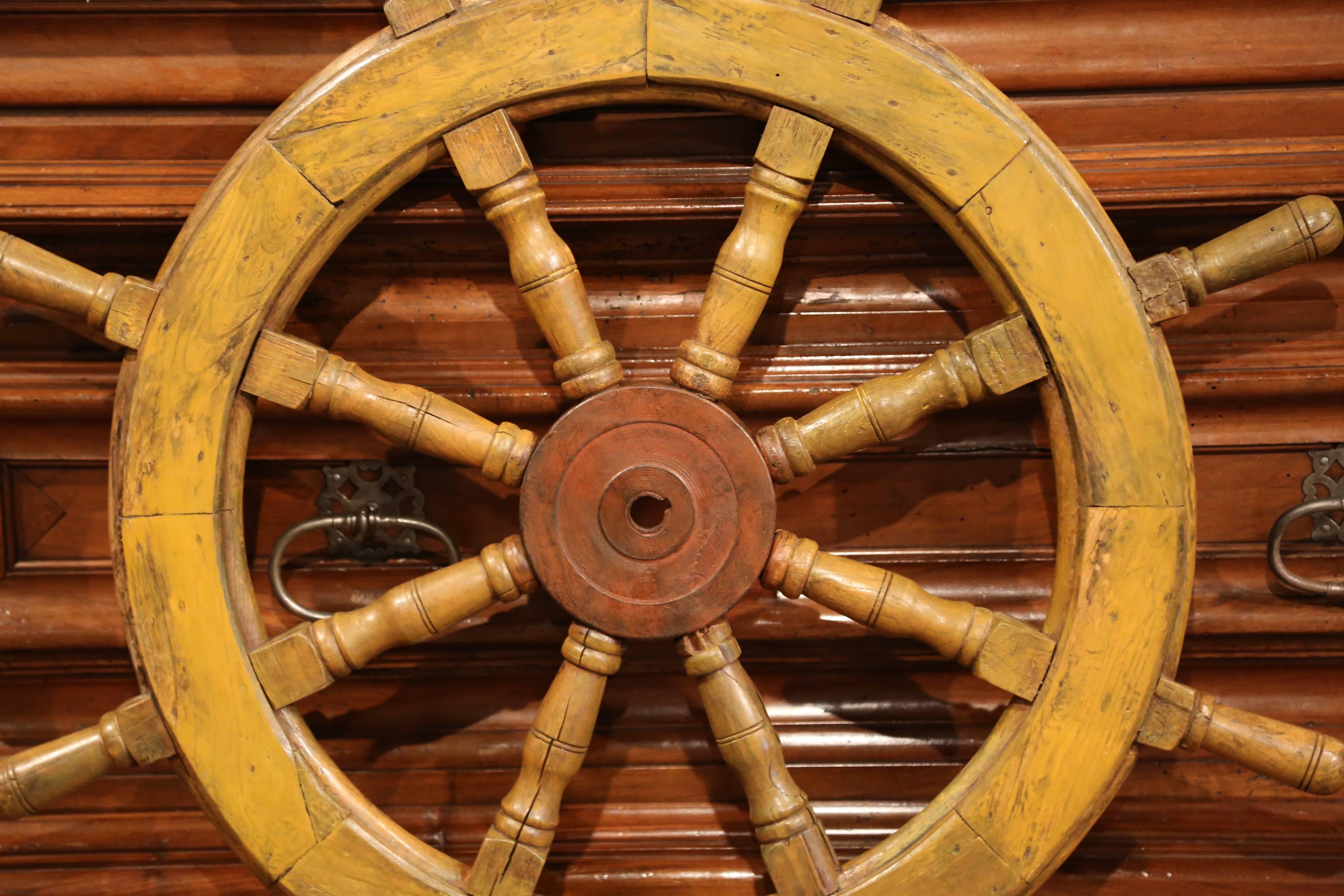 19th Century French Carved Walnut and Iron Painted Sailboat Wheel For Sale 1