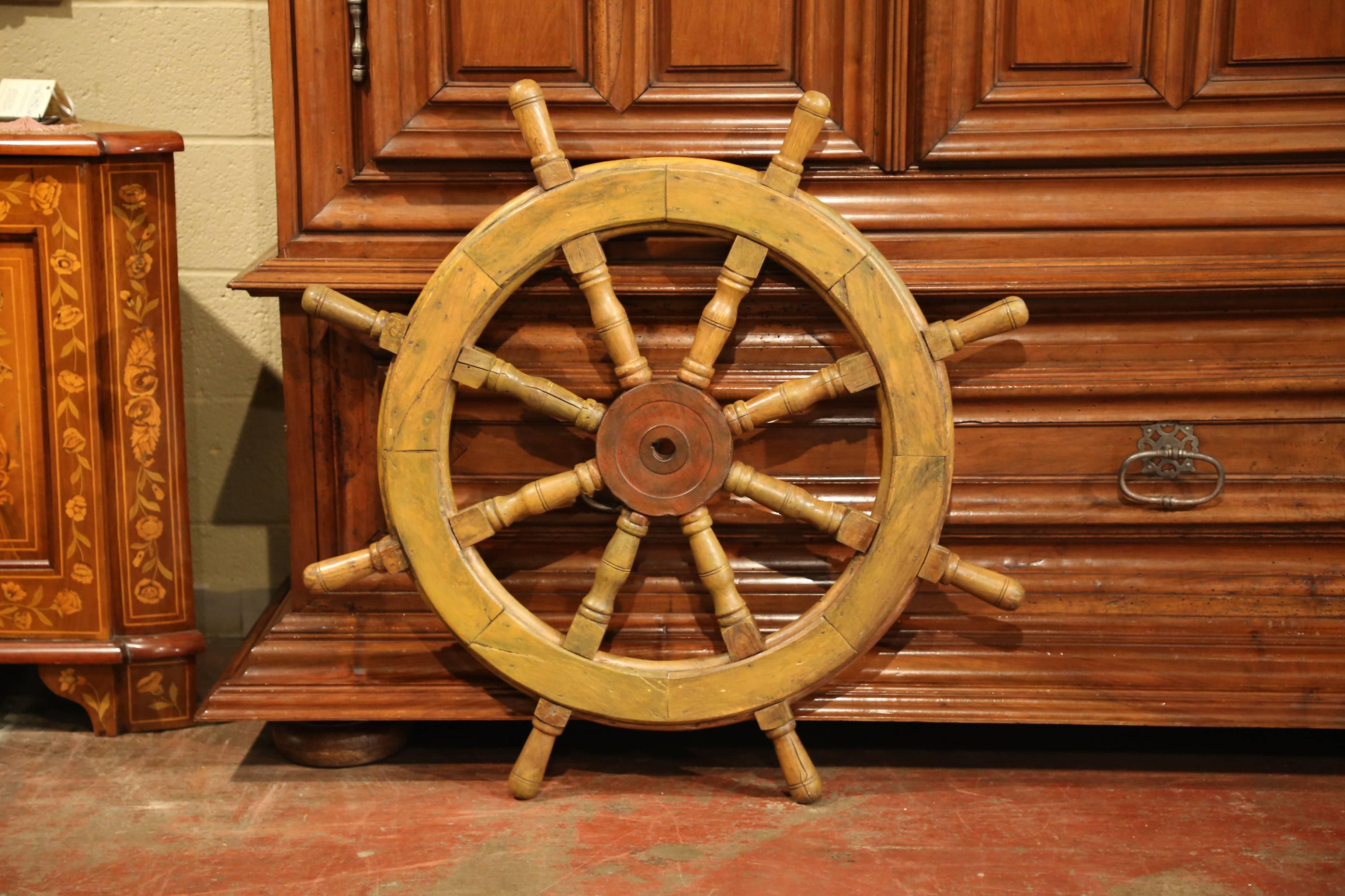 19th Century French Carved Walnut and Iron Painted Sailboat Wheel For Sale 2