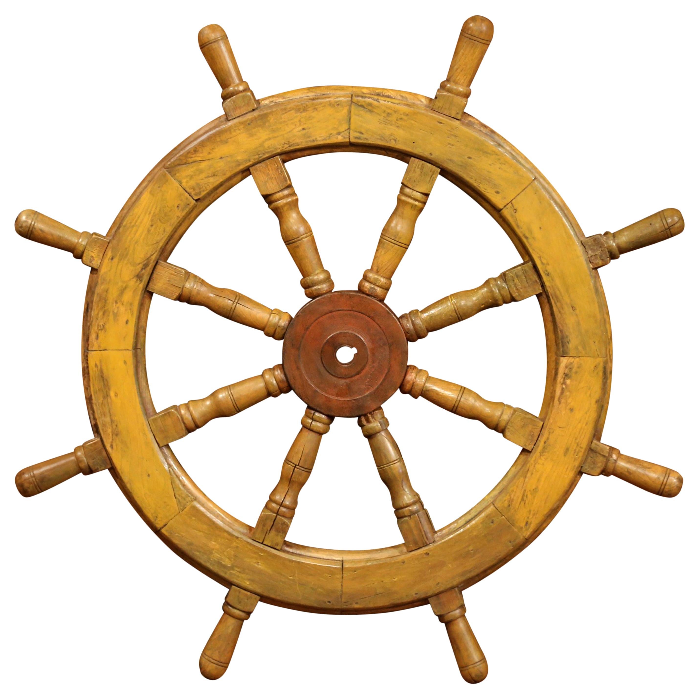 19th Century French Carved Walnut and Iron Painted Sailboat Wheel For Sale