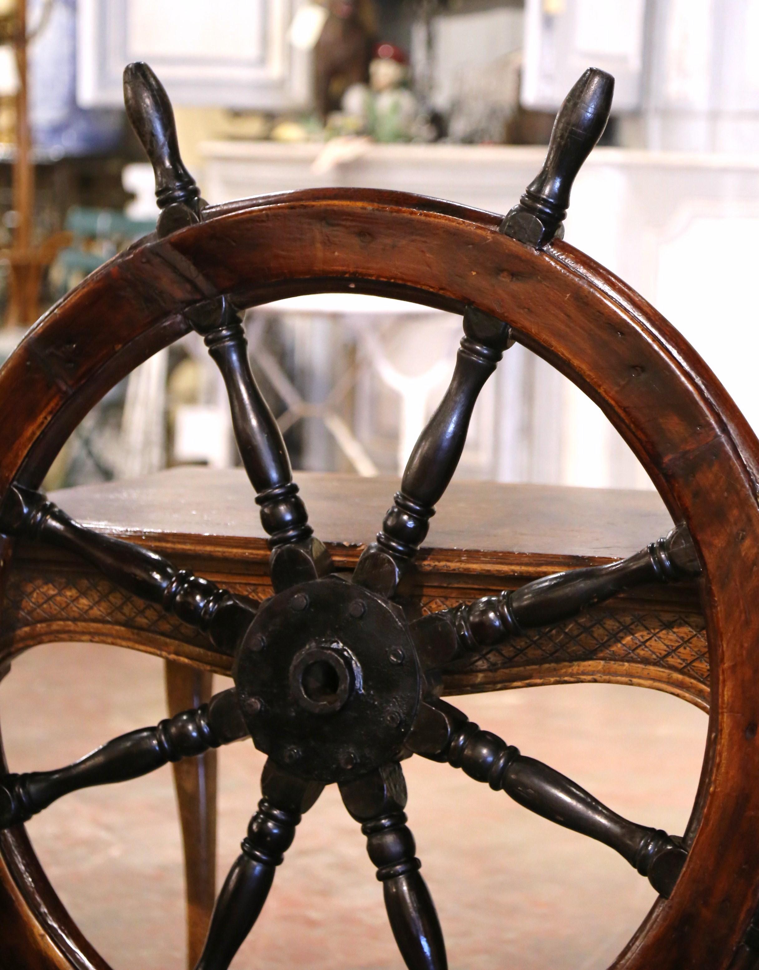 Hand-Carved 19th Century French Carved Walnut and Iron Sailboat Wheel