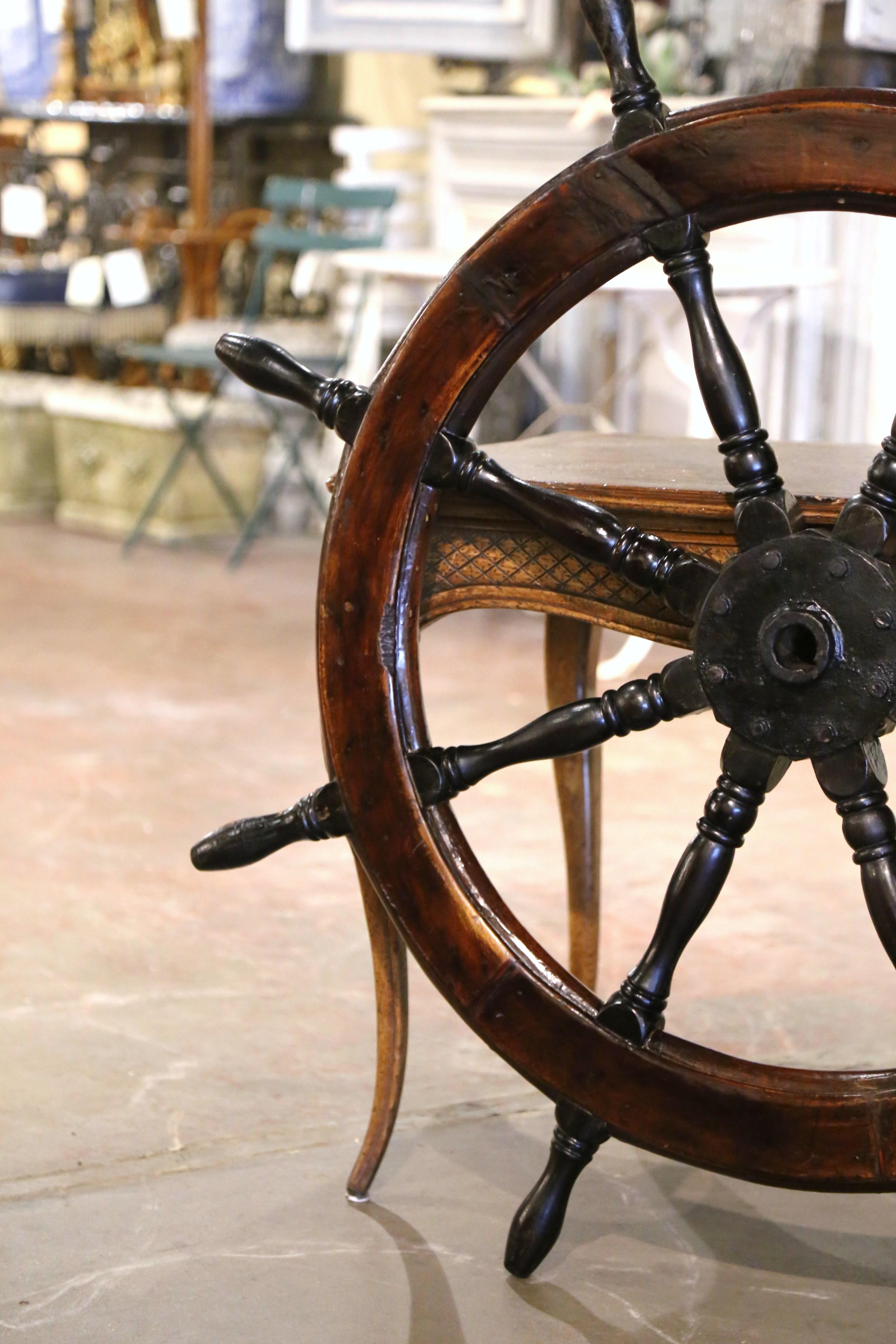 19th Century French Carved Walnut and Iron Sailboat Wheel In Excellent Condition In Dallas, TX